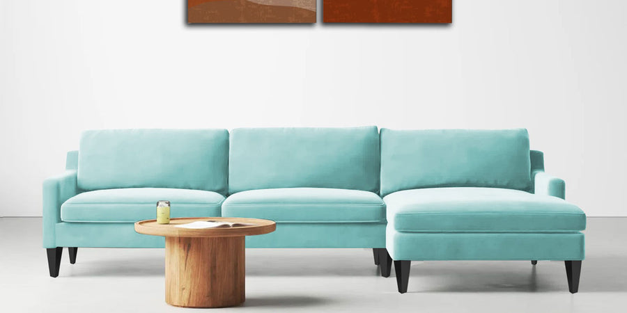 Jones Velvet Lhs Sectional Sofa 3 Lounger In Barmunda Aqua Colour - Febonic Living