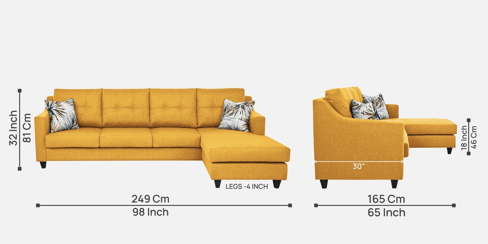 Welly Fabric LHS Sectional Sofa (3 + Lounger) In Bold Yellow Colour