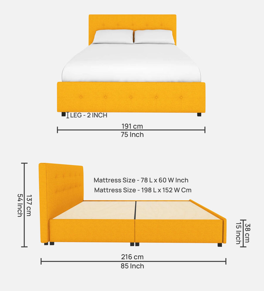 Lido Fabric Upholstered Queen Size Bed In Bold Yellow Colour With Drawer Storage - Febonic Living