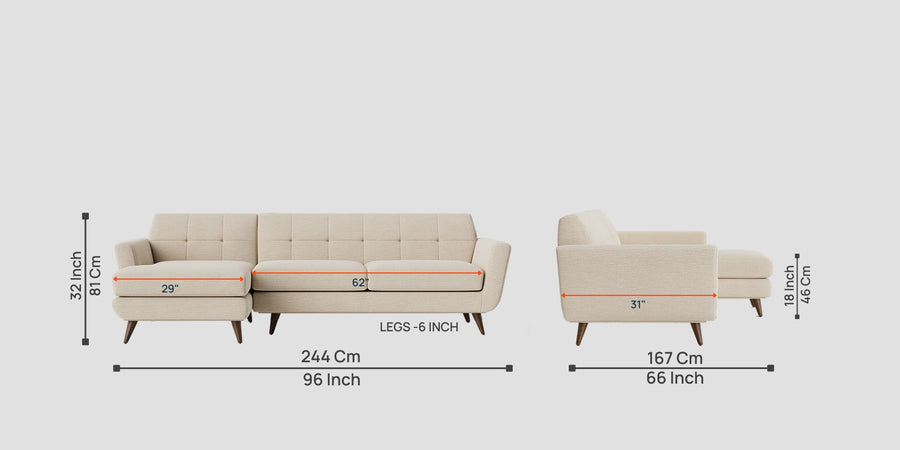 Jasmin Fabric Rhs Sectional Sofa 3 Lounger In Ivory Cream Colour - Febonic Living