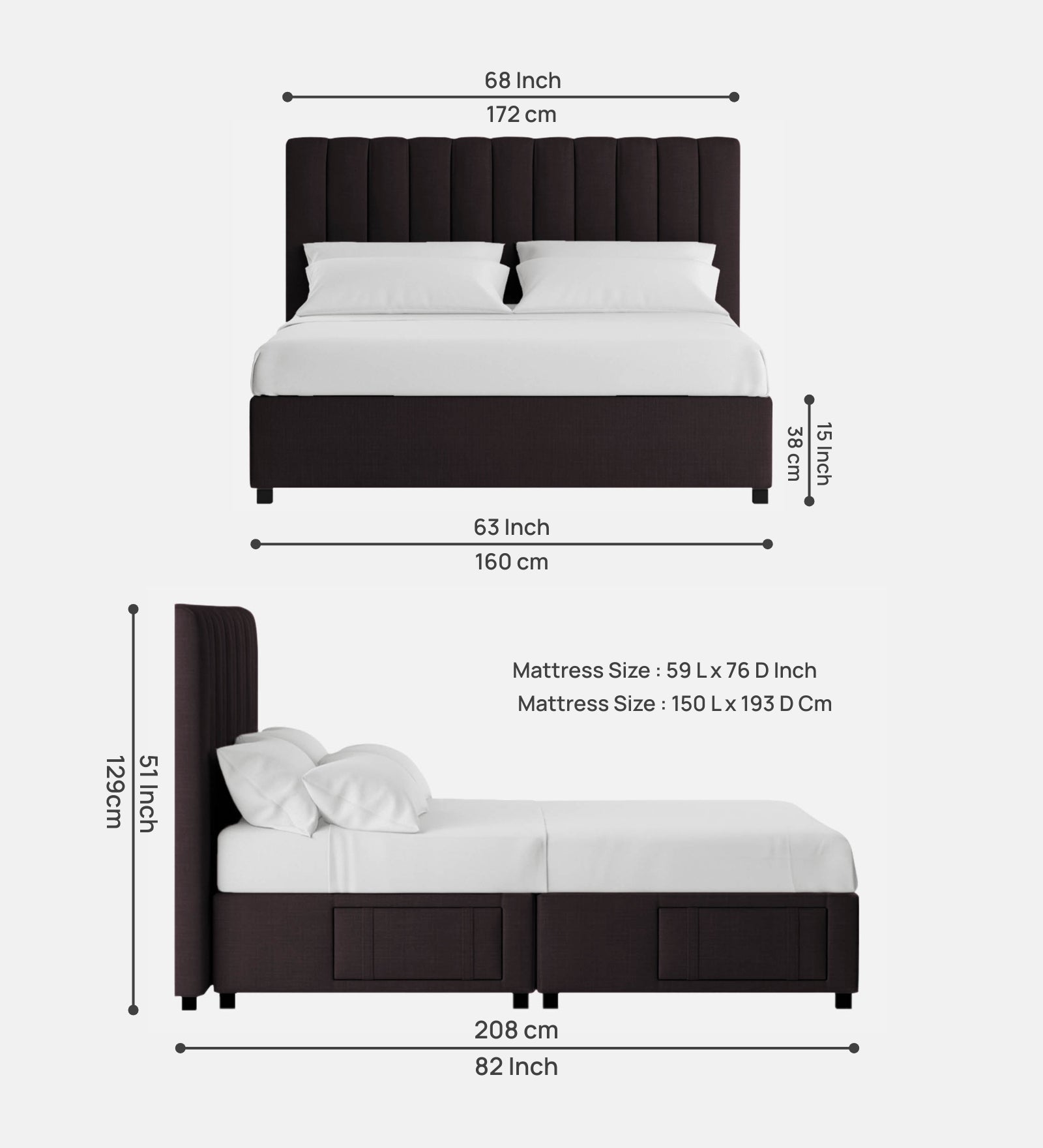 Nivi Fabric Queen Size Bed In Zed Black Colour With Drawer Storage - Febonic Living