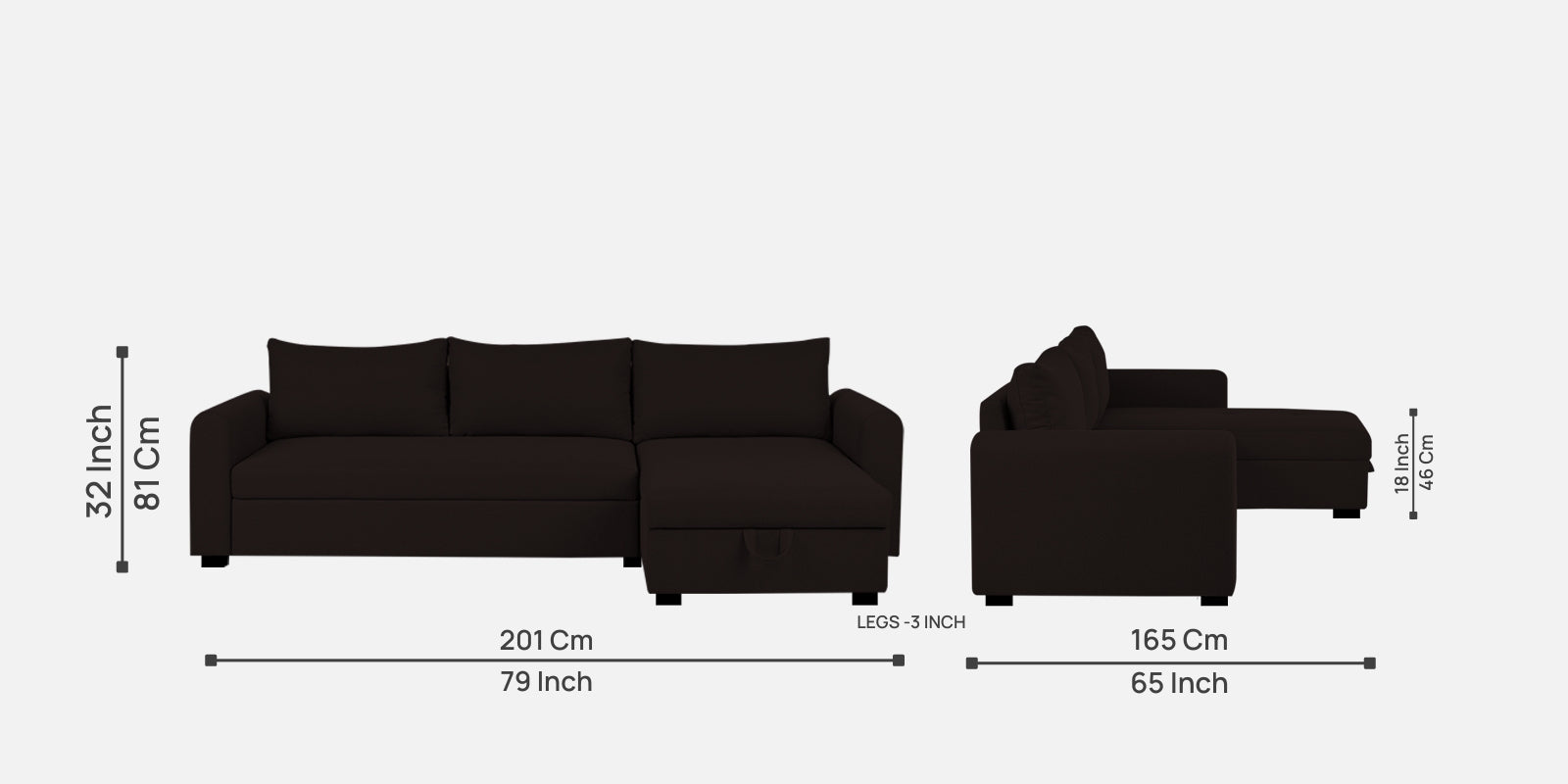 Sigma Fabric LHS Sectional (3+ Lounger) in Cara Brown Colour