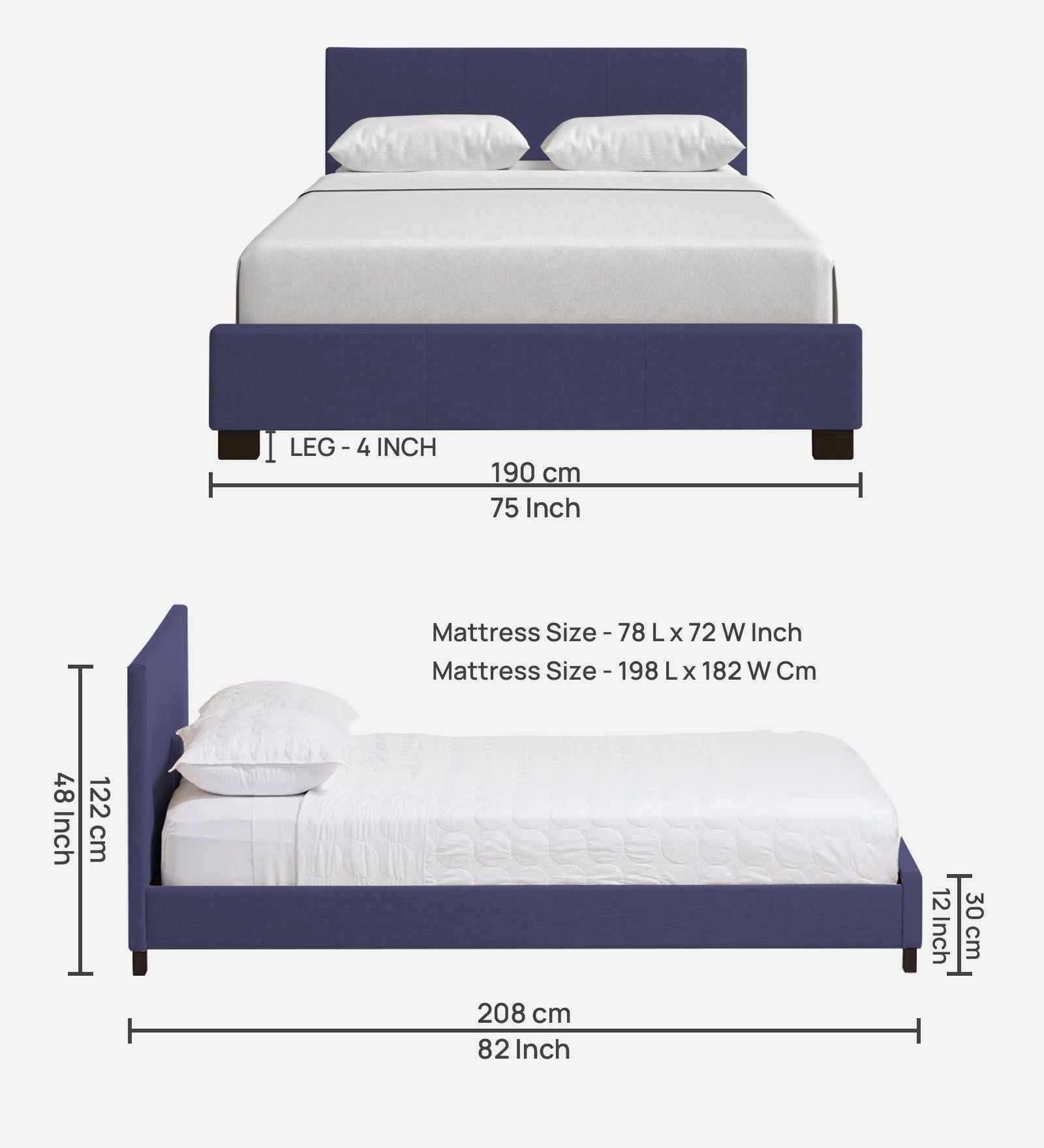 Lora Fabric King Size Bed in Denim Blue Colour