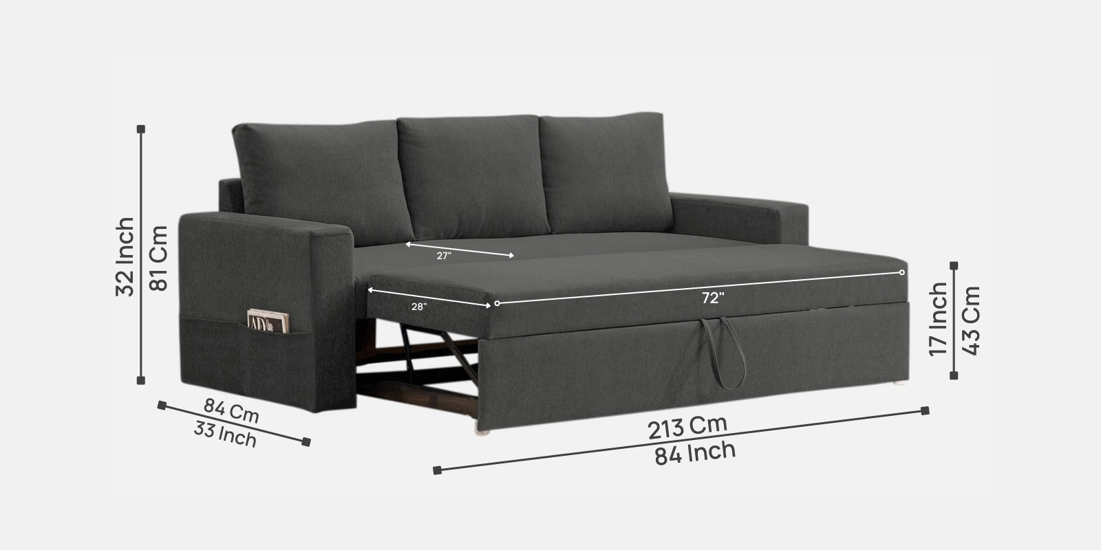 Kara Fabric 3 Seater Pull Out Sofa Cum Bed in Charcoal Gray Colour