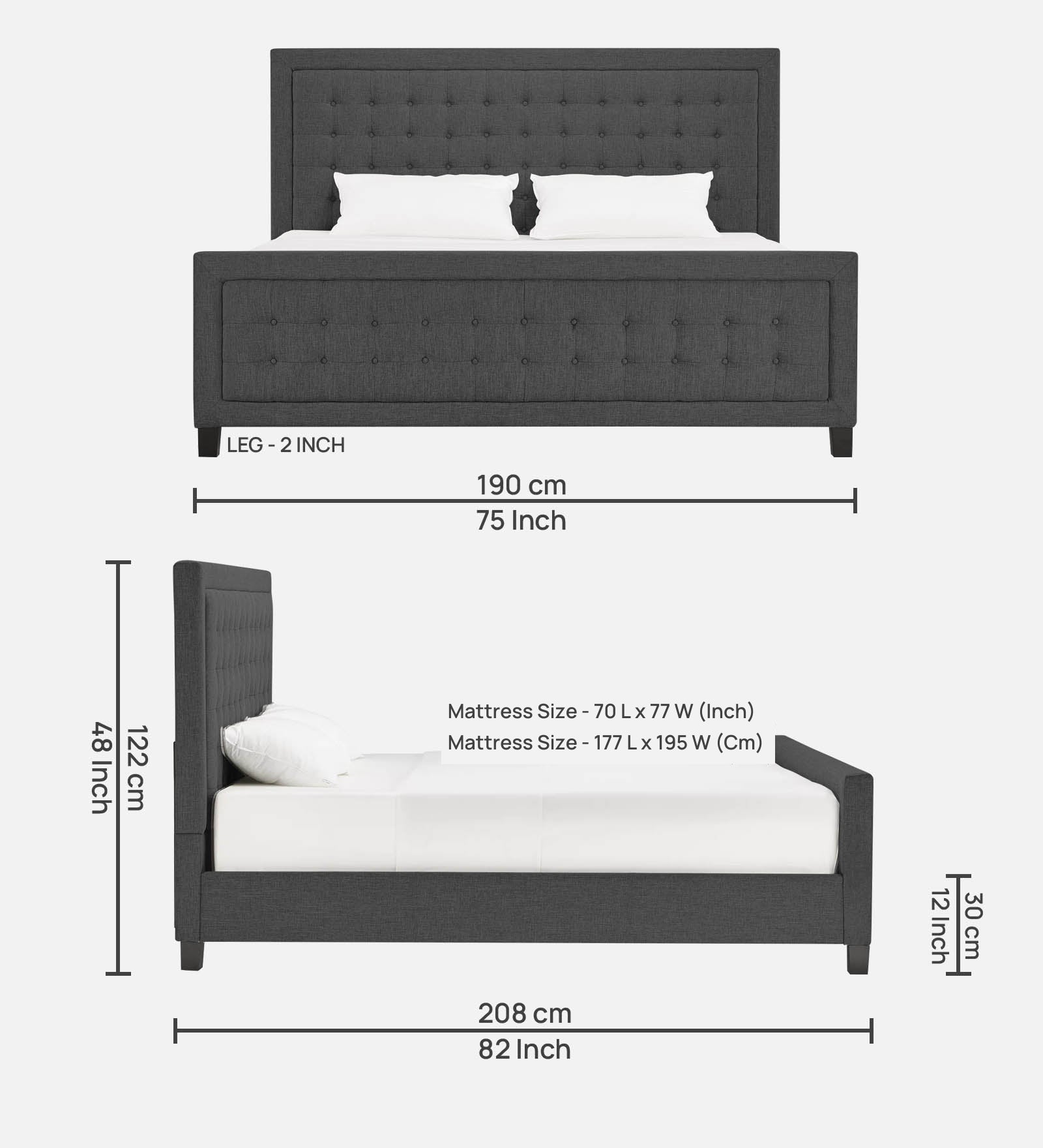 Kaster Fabric King Size Bed In Charcoal Grey Colour