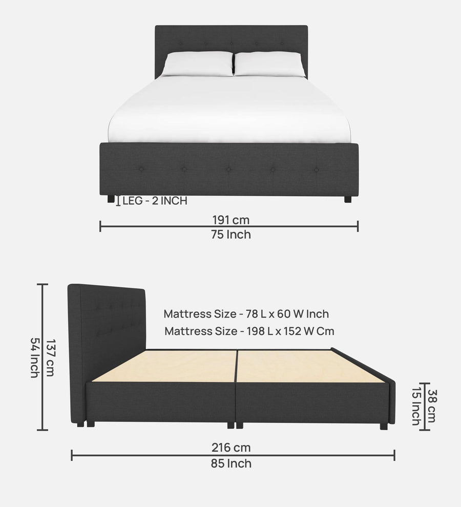 Lido Fabric Upholstered Queen Size Bed In Charcoal Grey Colour With Drawer Storage - Febonic Living