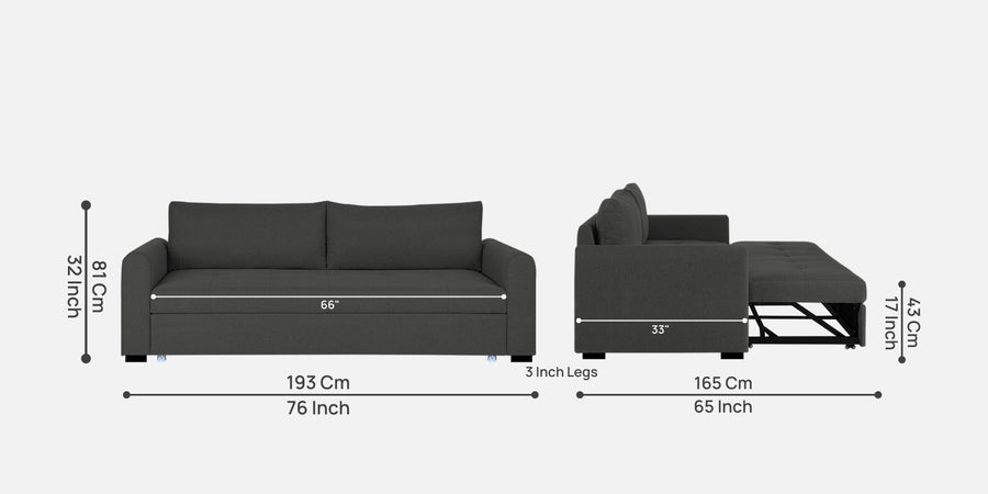 Sigma Fabric 3 Seater Pull Out Sofa Cum Bed In Charcoal Grey Colour - Febonic Living