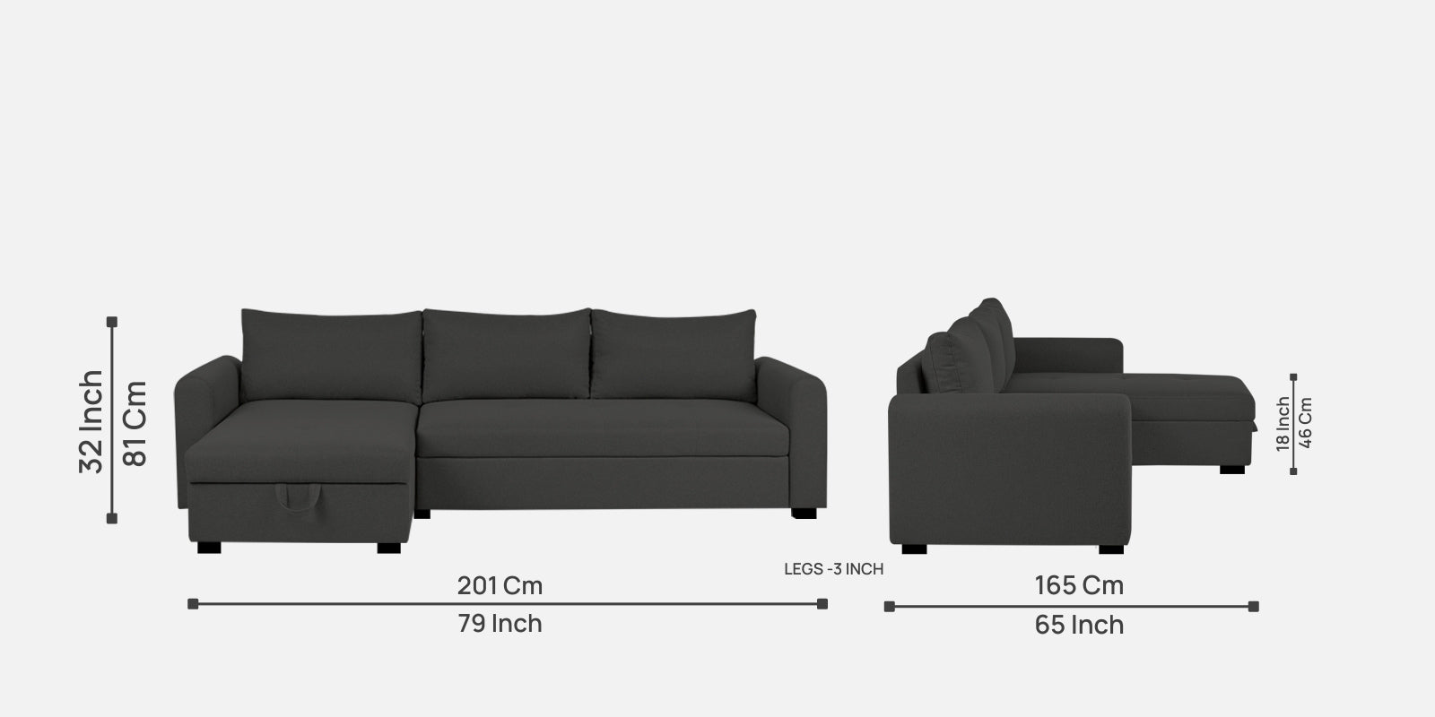 Sigma Fabric RHS Sectional (3+ Lounger) in Charcoal Grey Colour