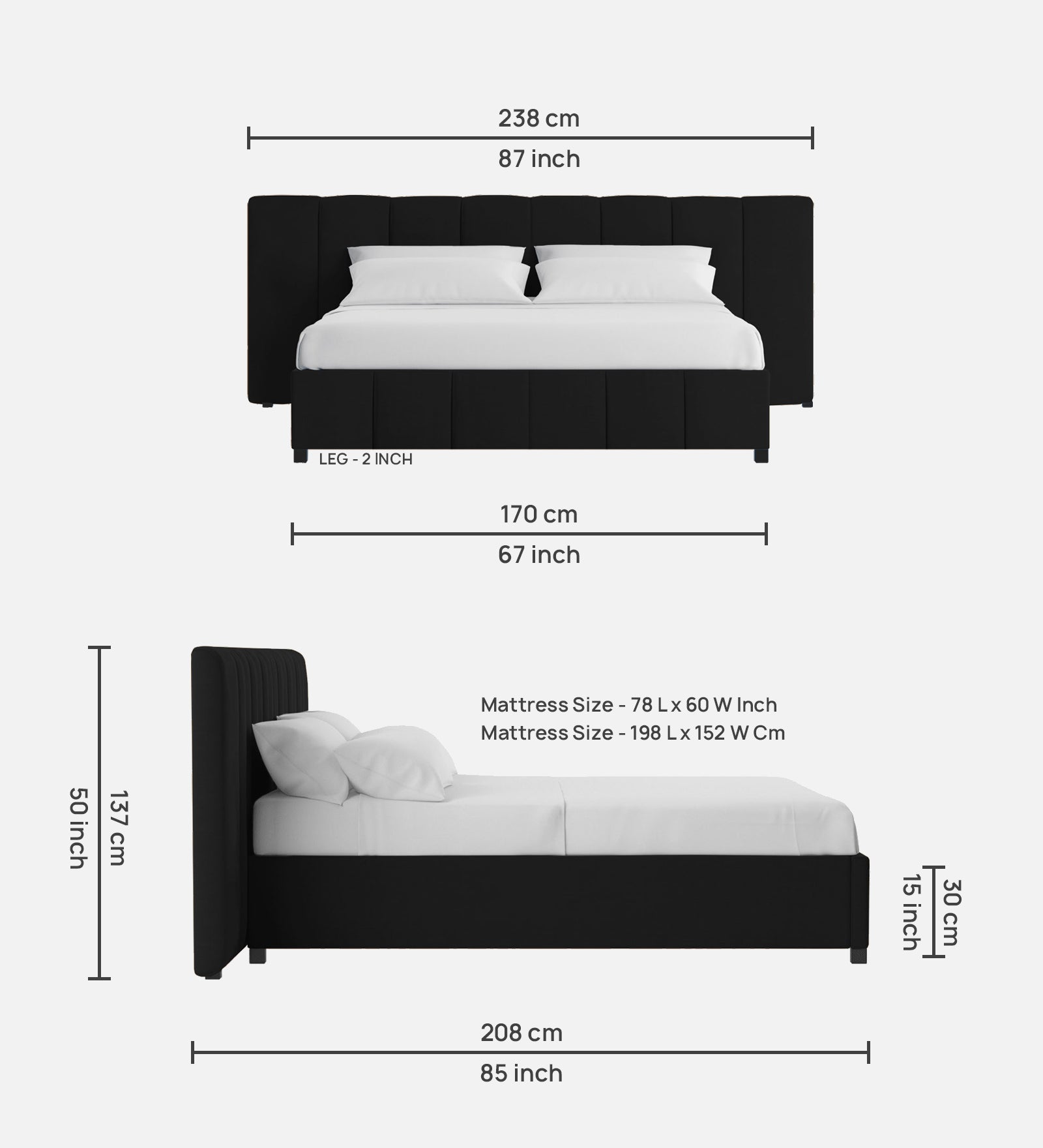 Nora Fabric Queen Size Bed In Zed Black Colour