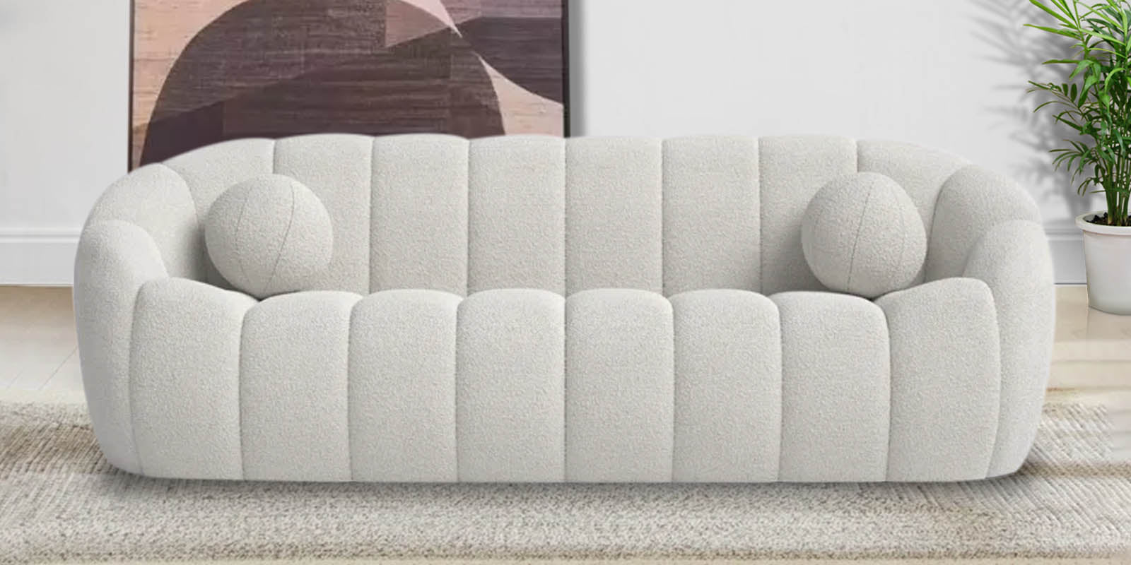 Boucle Fur Fabric 3 Seater Sofa in Bright White Colour