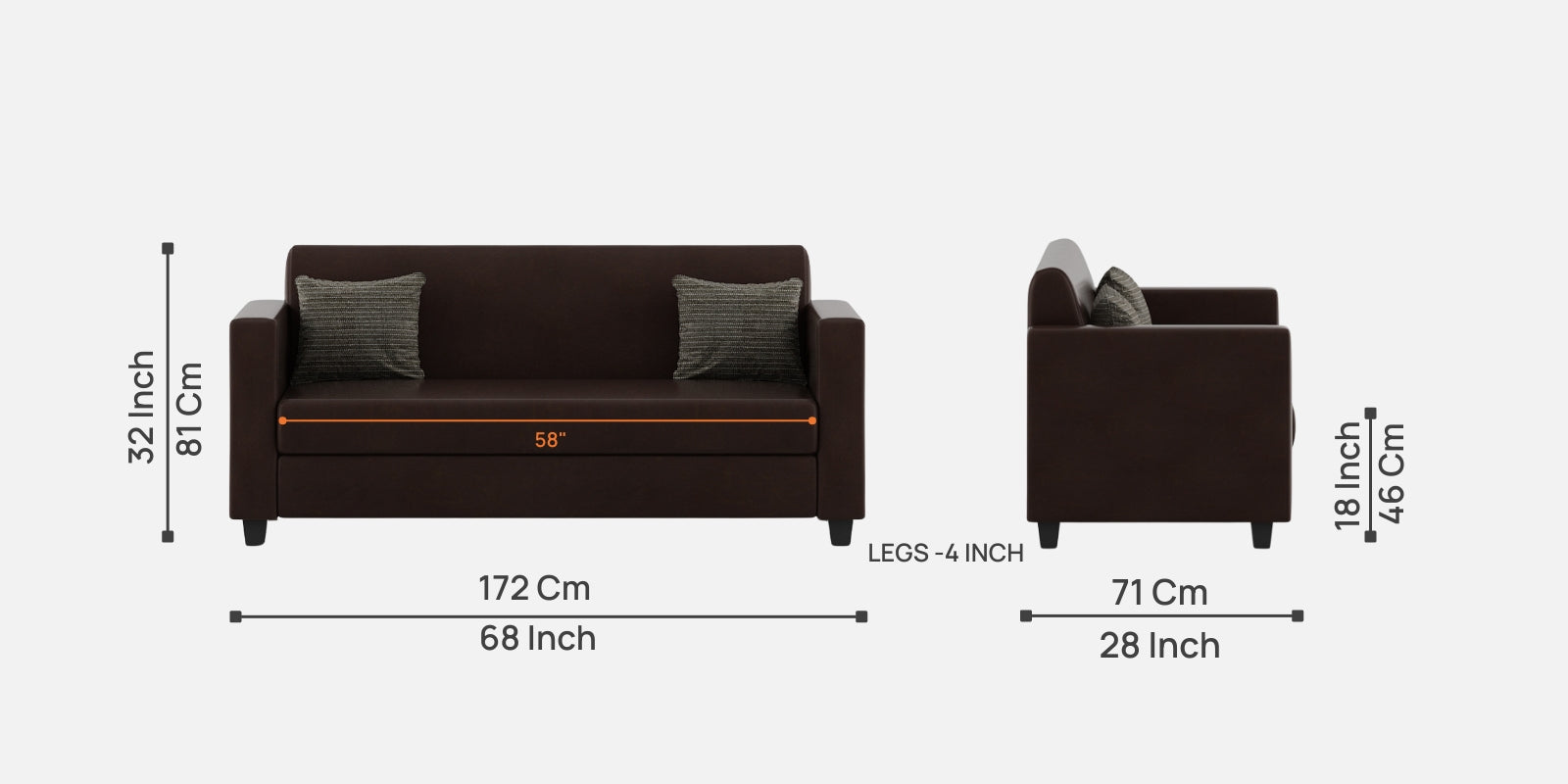 Baley Leatherette 3 Seater Sofa in Dark Brown Colour