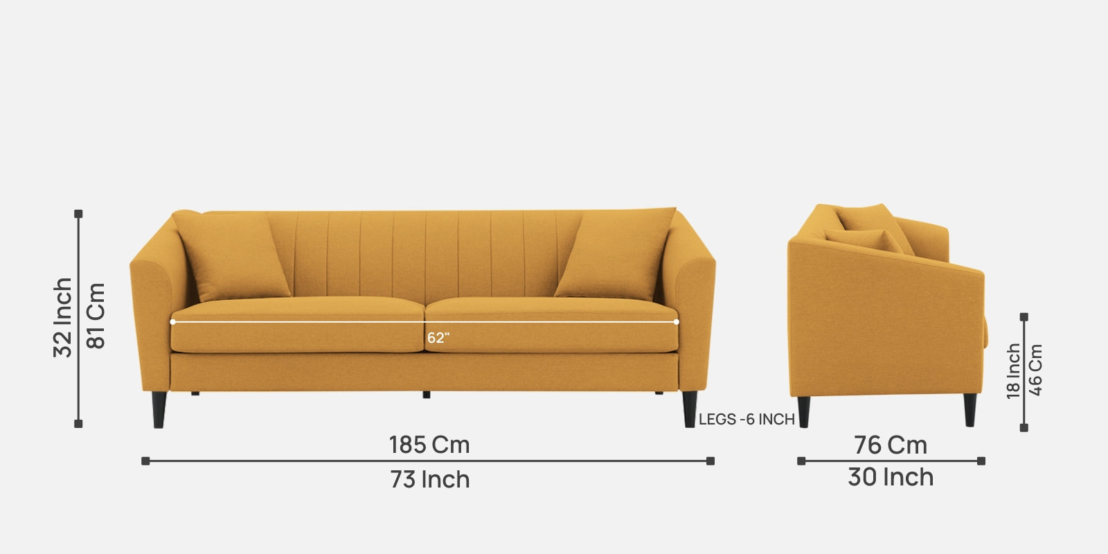 Polon Fabric 3 Seater Sofa In Blush Yellow Colour