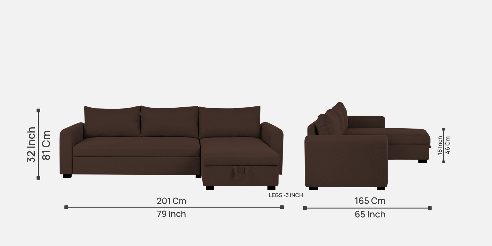 Sigma Fabric LHS Sectional (3+ Lounger) in Coffee Brown Colour