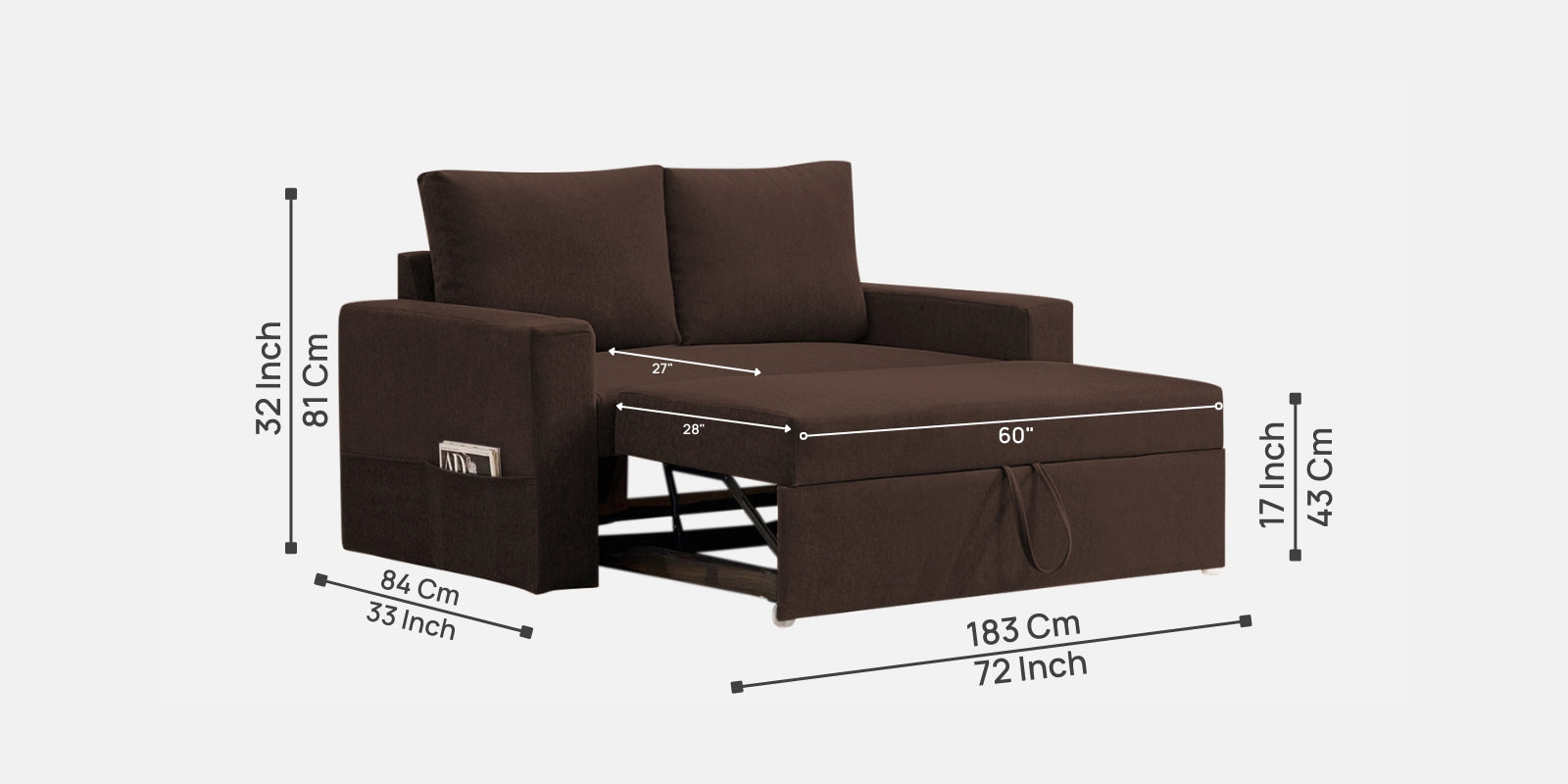 Kara Fabric 2 Seater Pull Out Sofa Cum Bed in Coffee Brown Colour