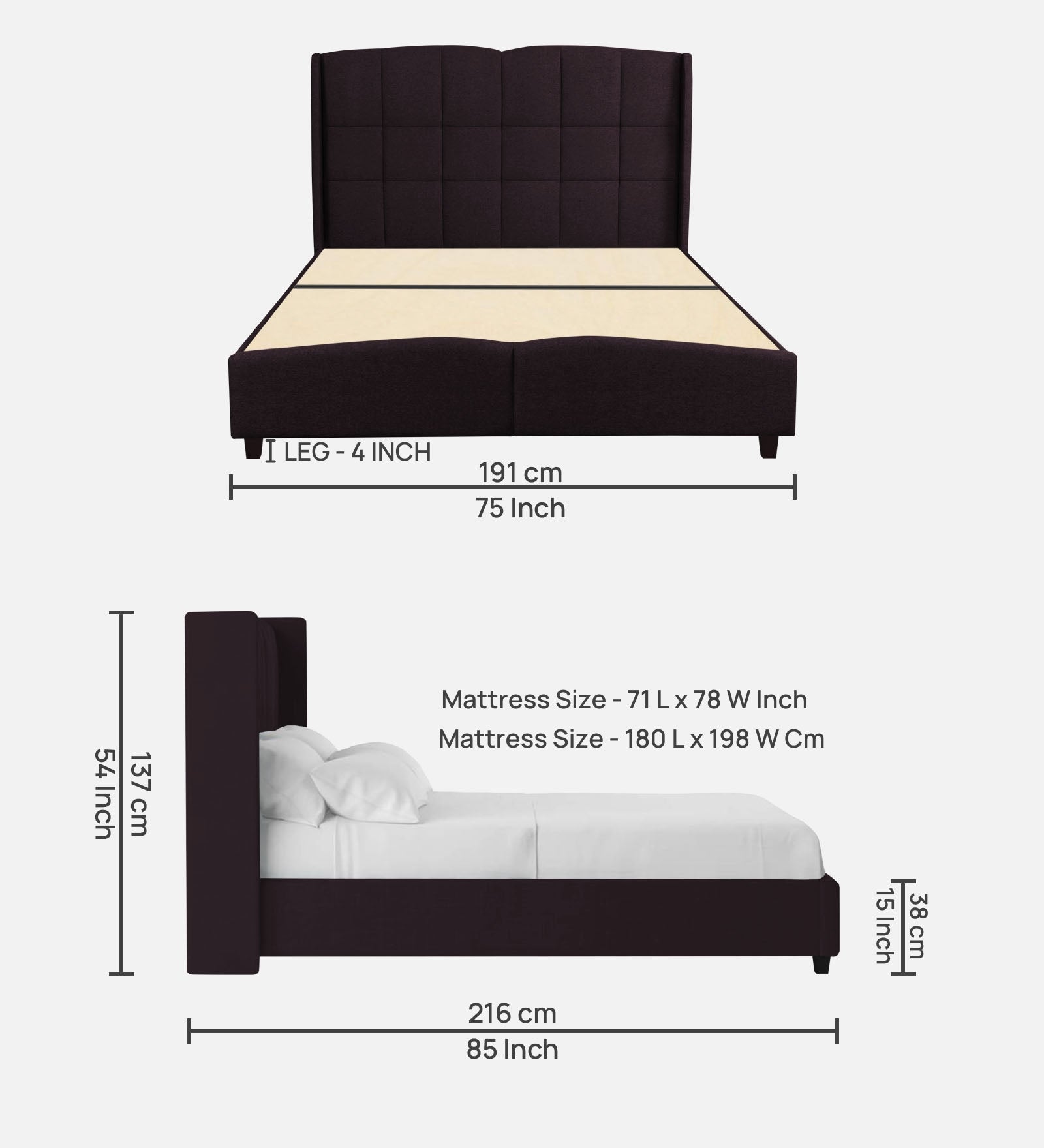 Jovi Velvet Queen Size Bed In Dark Brown Colour - Febonic Living