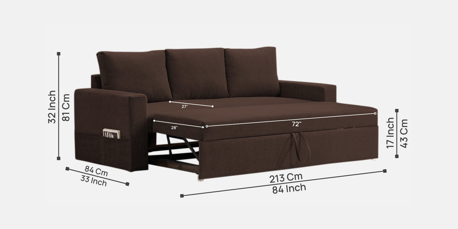 Kara Fabric 3 Seater Pull Out Sofa Cum Bed in Coffee Brown Colour