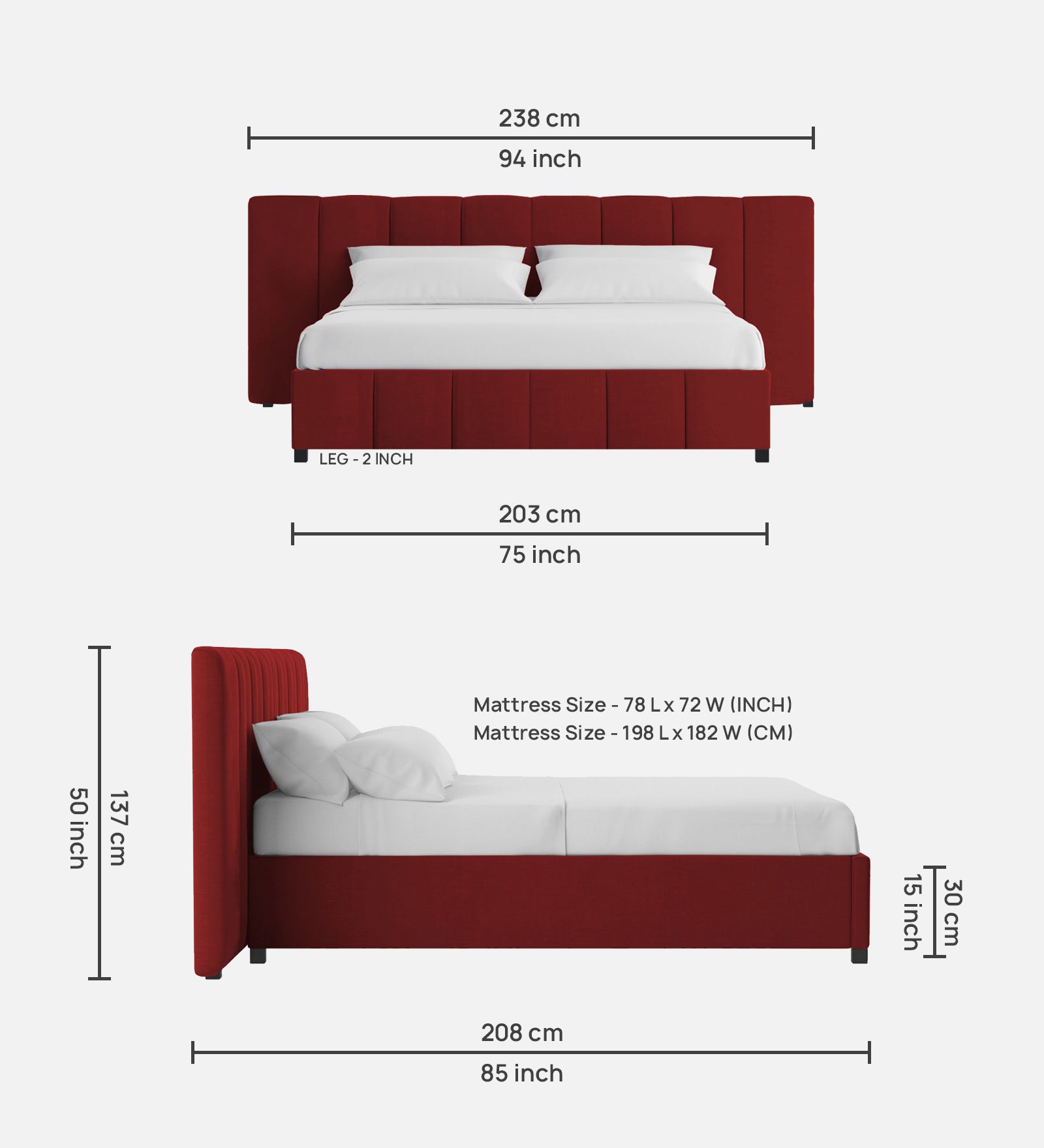 Nora Fabric King Size Bed In Blood Maroon Colour