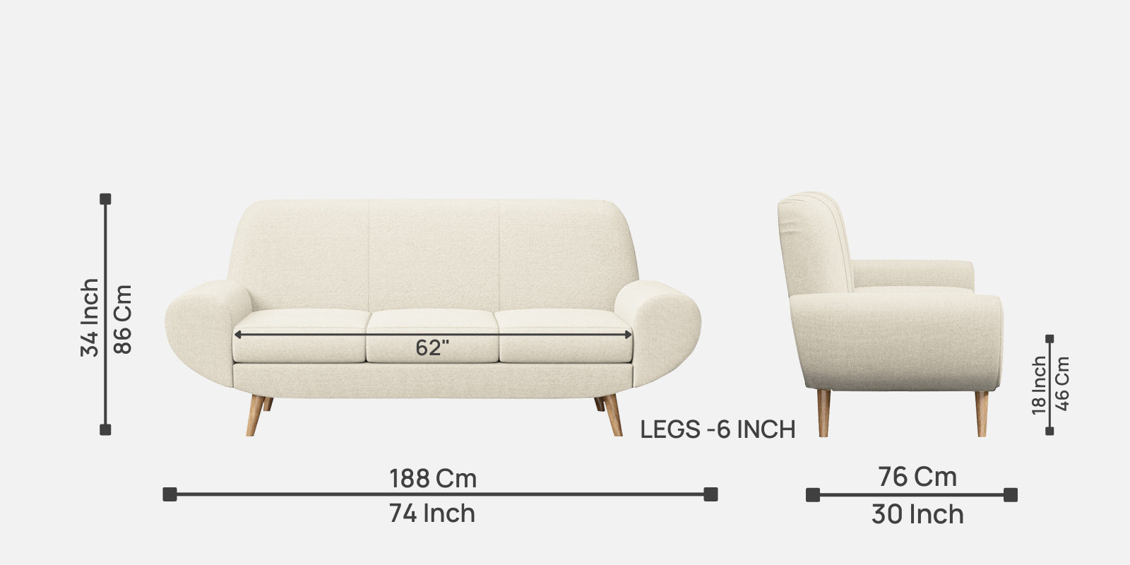 Jessy Fabric 3 Seater Sofa in Ivory Cream Colour