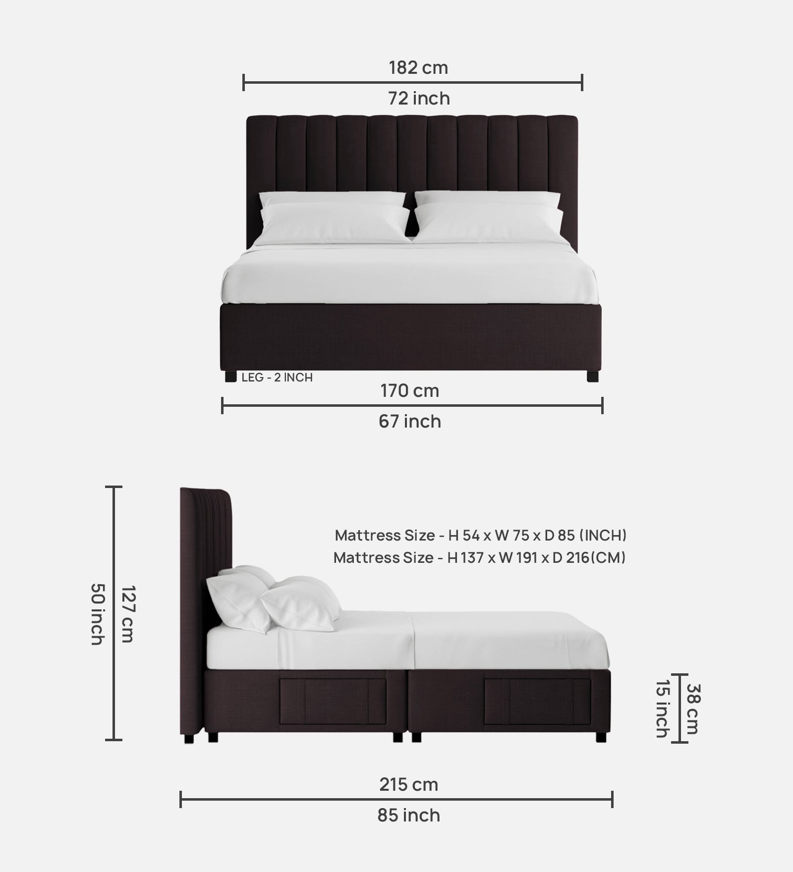 Nivi Fabric Queen Size Bed In Cara Brown Colour With Drawer Storage