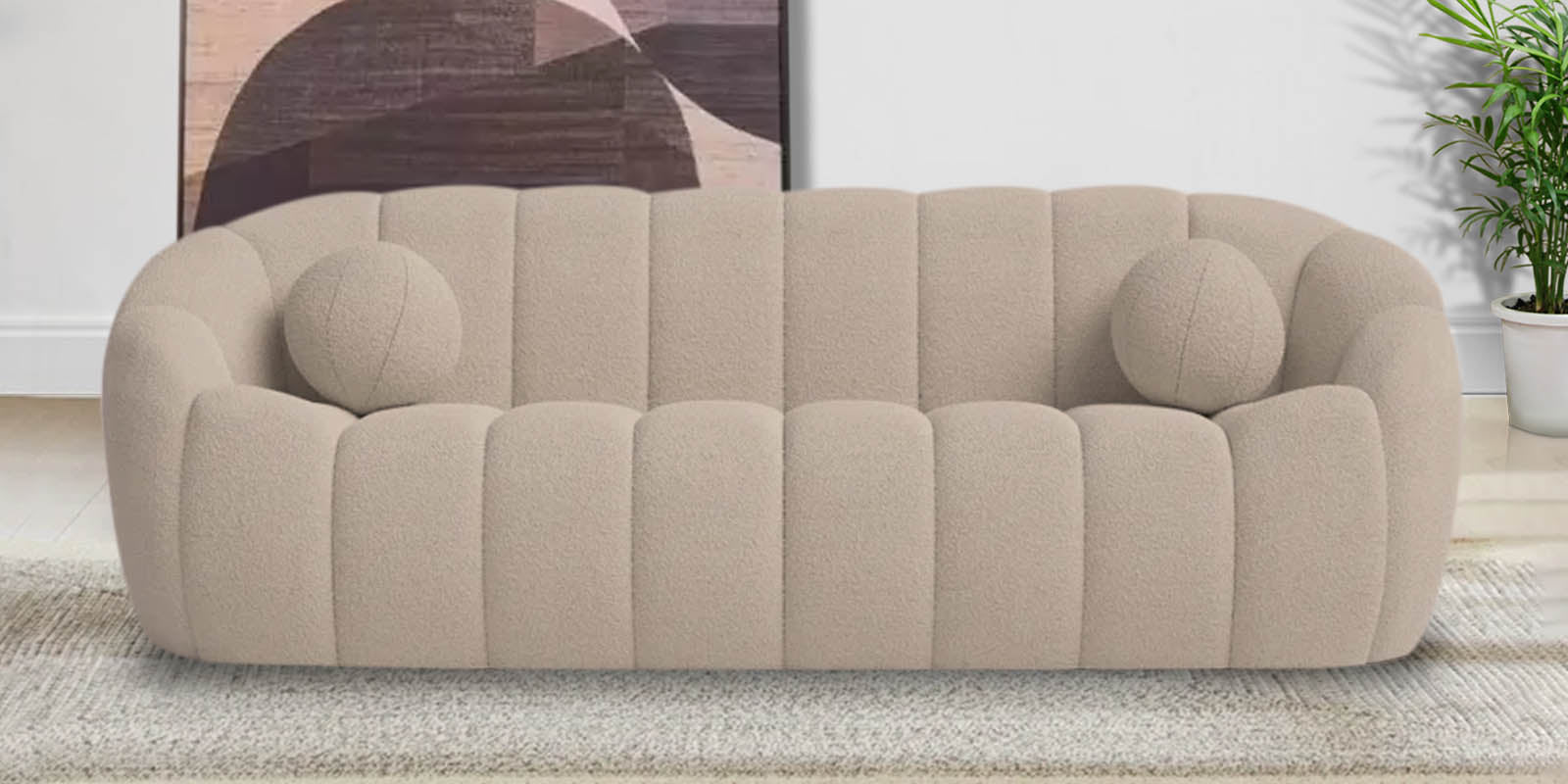 Boucle Fur Fabric 3 Seater Sofa in Regal Beige Colour