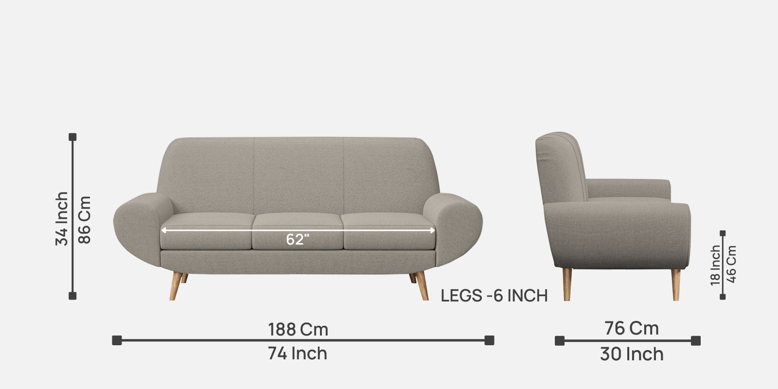 Jessy Fabric 3 Seater Sofa in Ash Grey Colour