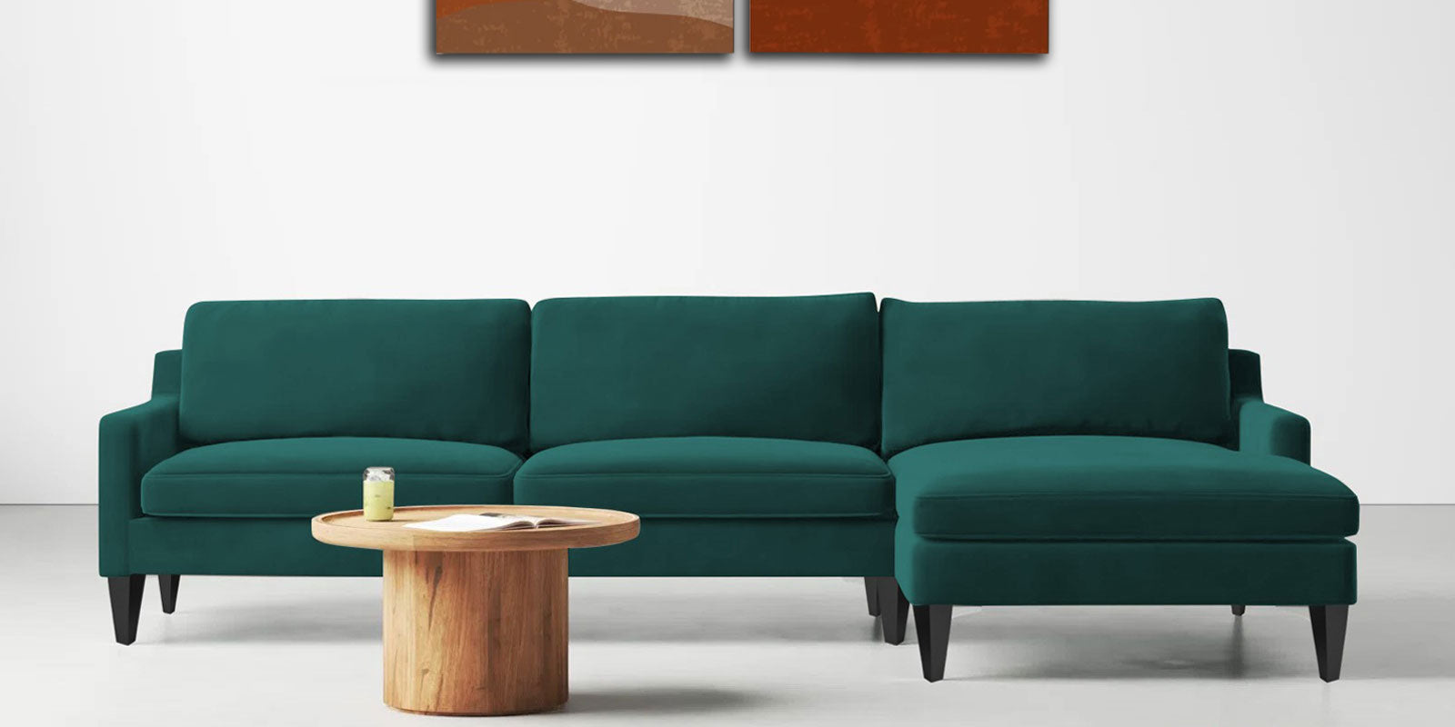 Jones Velvet LHS Sectional Sofa (3+Lounger) In Pine Green Colour