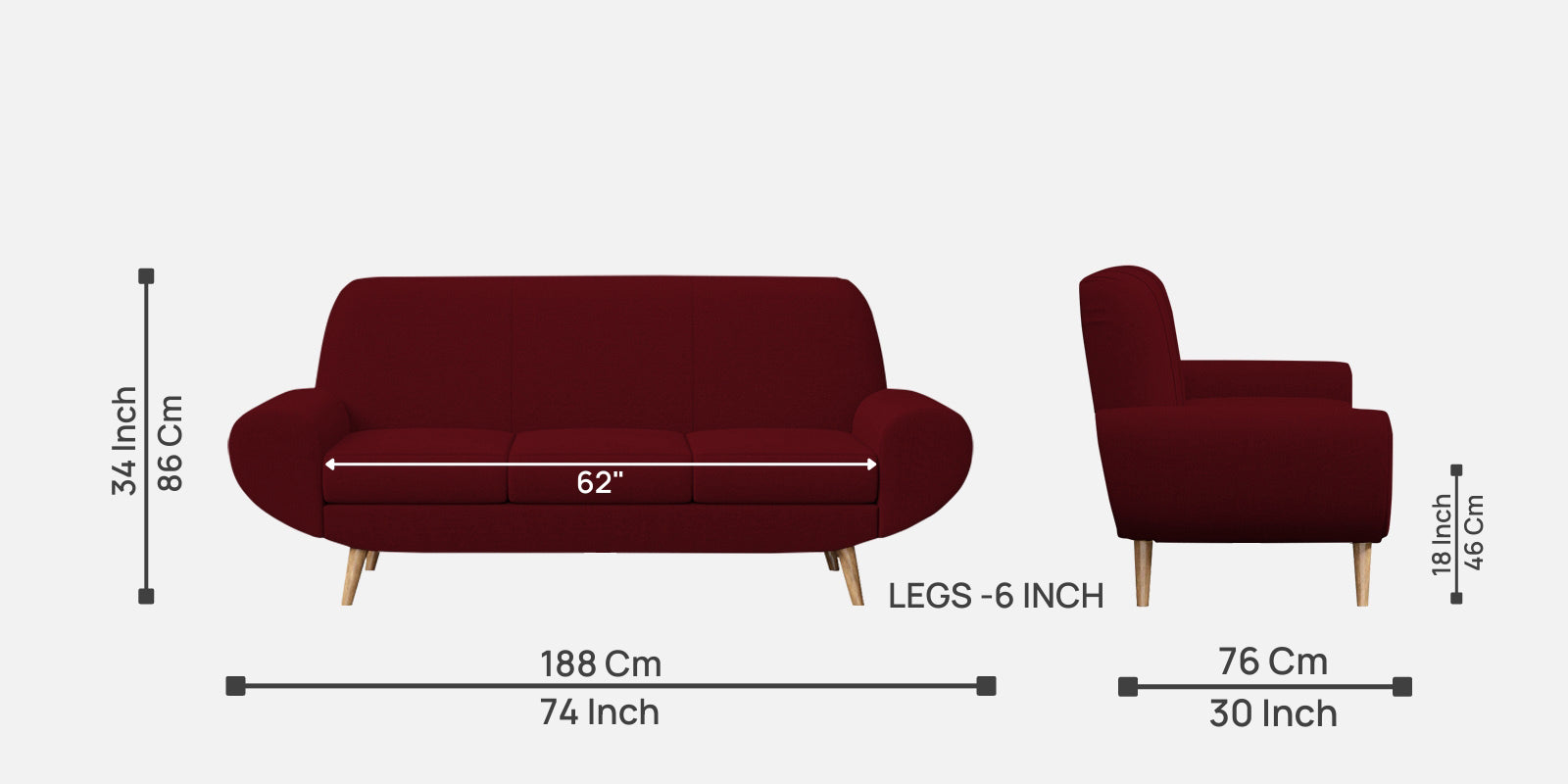 Jessy Fabric 3 Seater Sofa in Ruby Red Colour