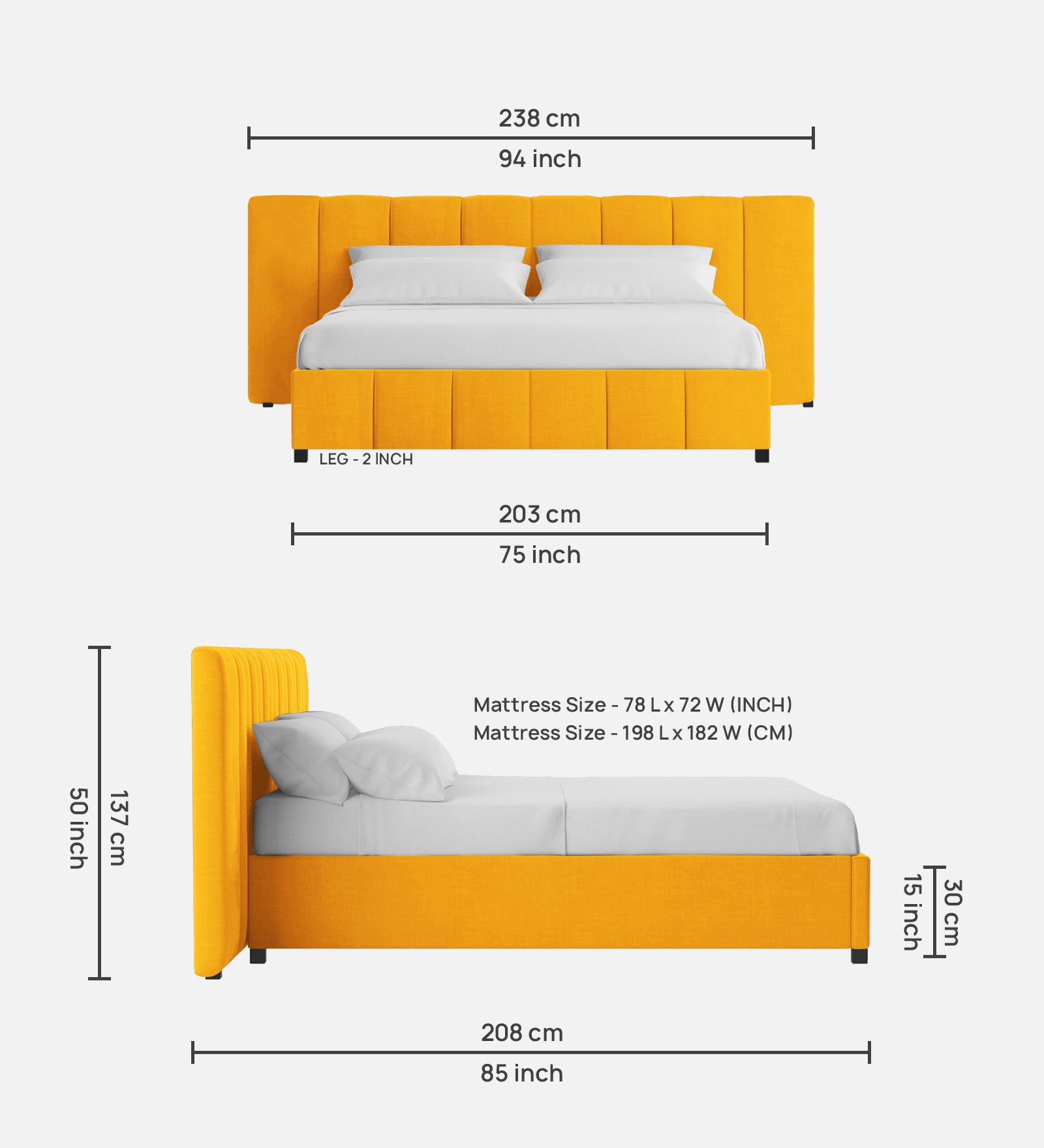 Nora Fabric King Size Bed In Bold Yellow Colour