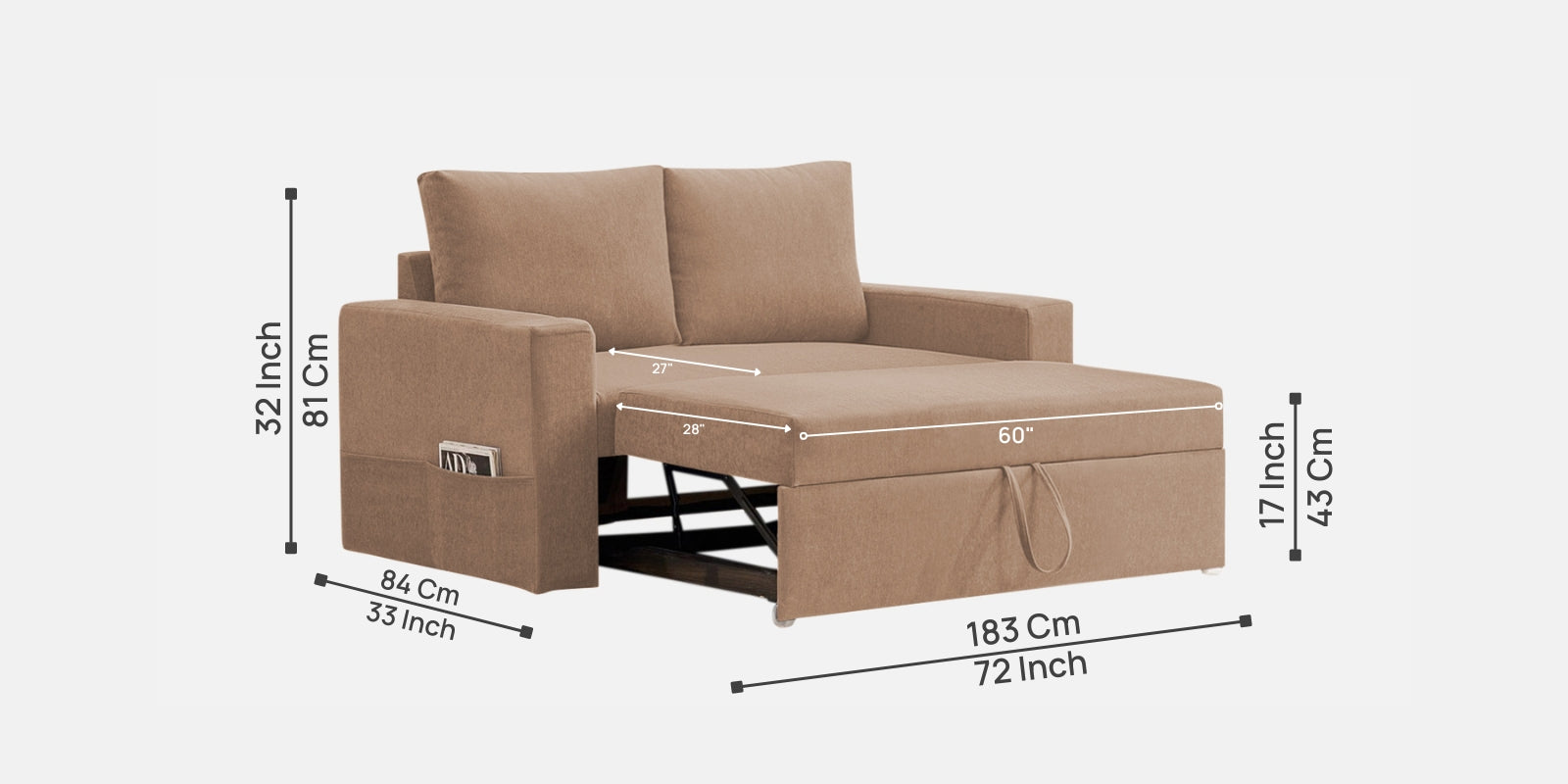 Kara Fabric 2 Seater Pull Out Sofa Cum Bed in Cosmic Beige Colour