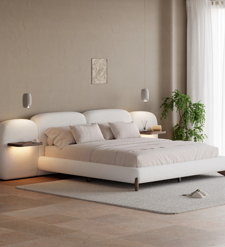 Waru Boucle Upholstered King Size Bed In Shell White Colour - Febonic Living