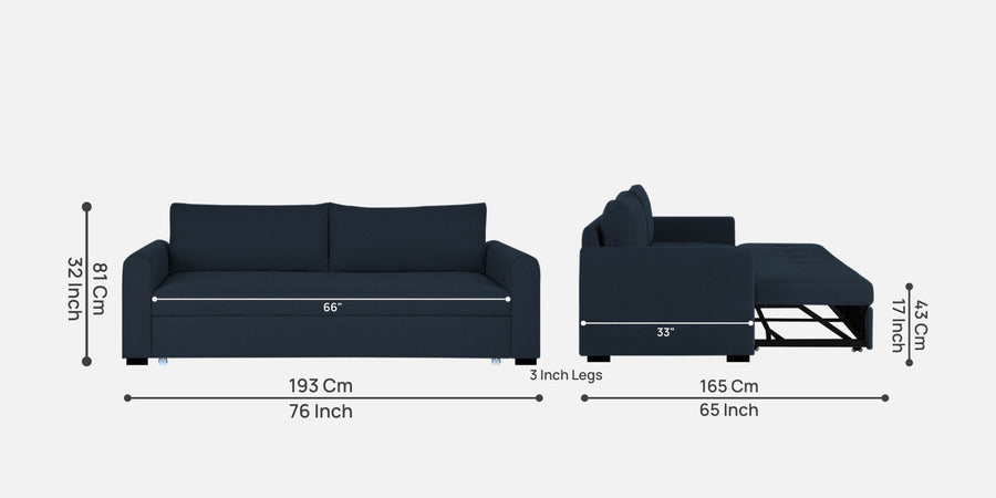 Sigma Fabric 3 Seater Pull Out Sofa Cum Bed In Denim Blue Colour - Febonic Living