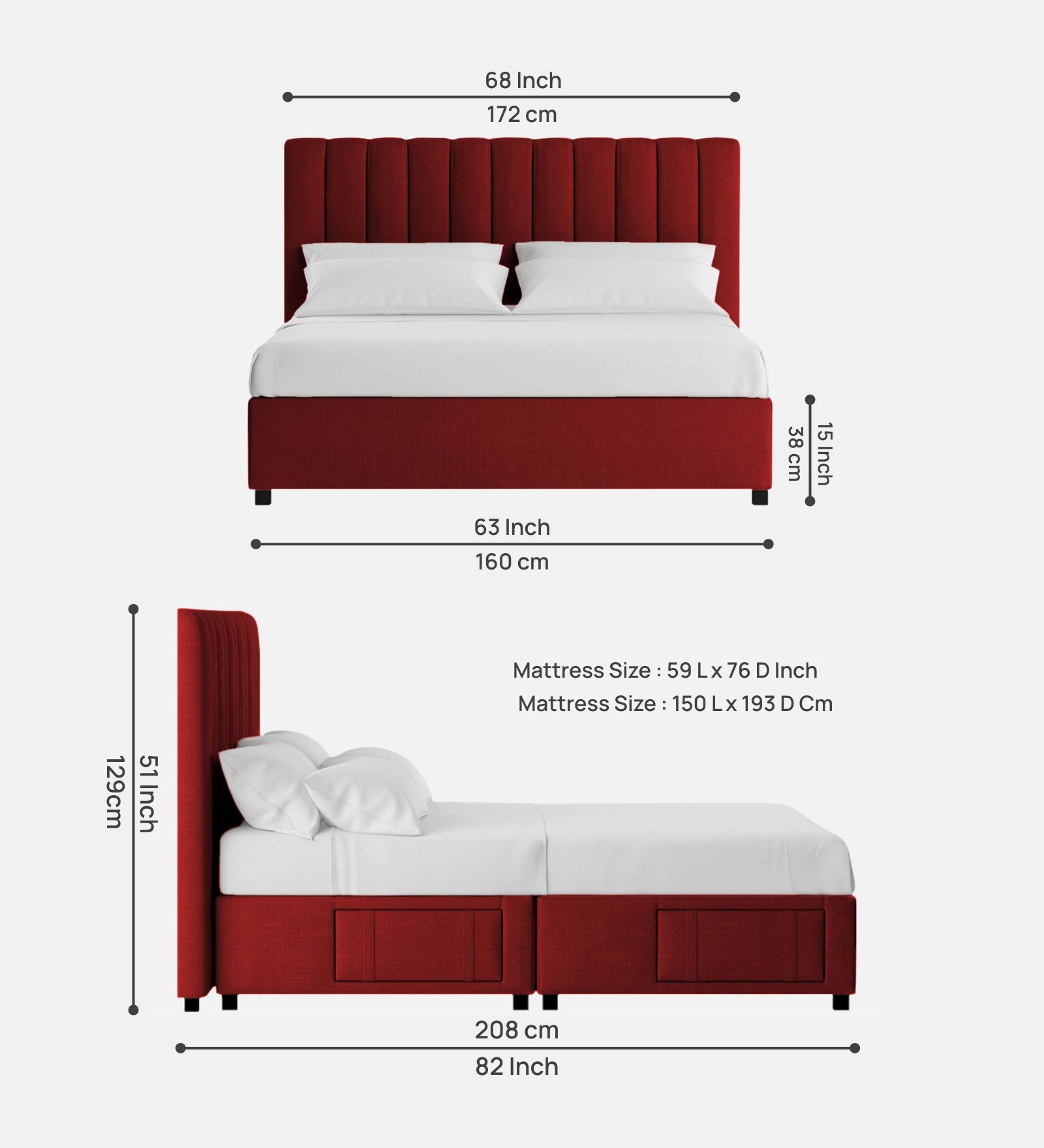 Nivi Fabric Queen Size Bed in Blood Maroon Colour with Drawer Storage - Febonic Living