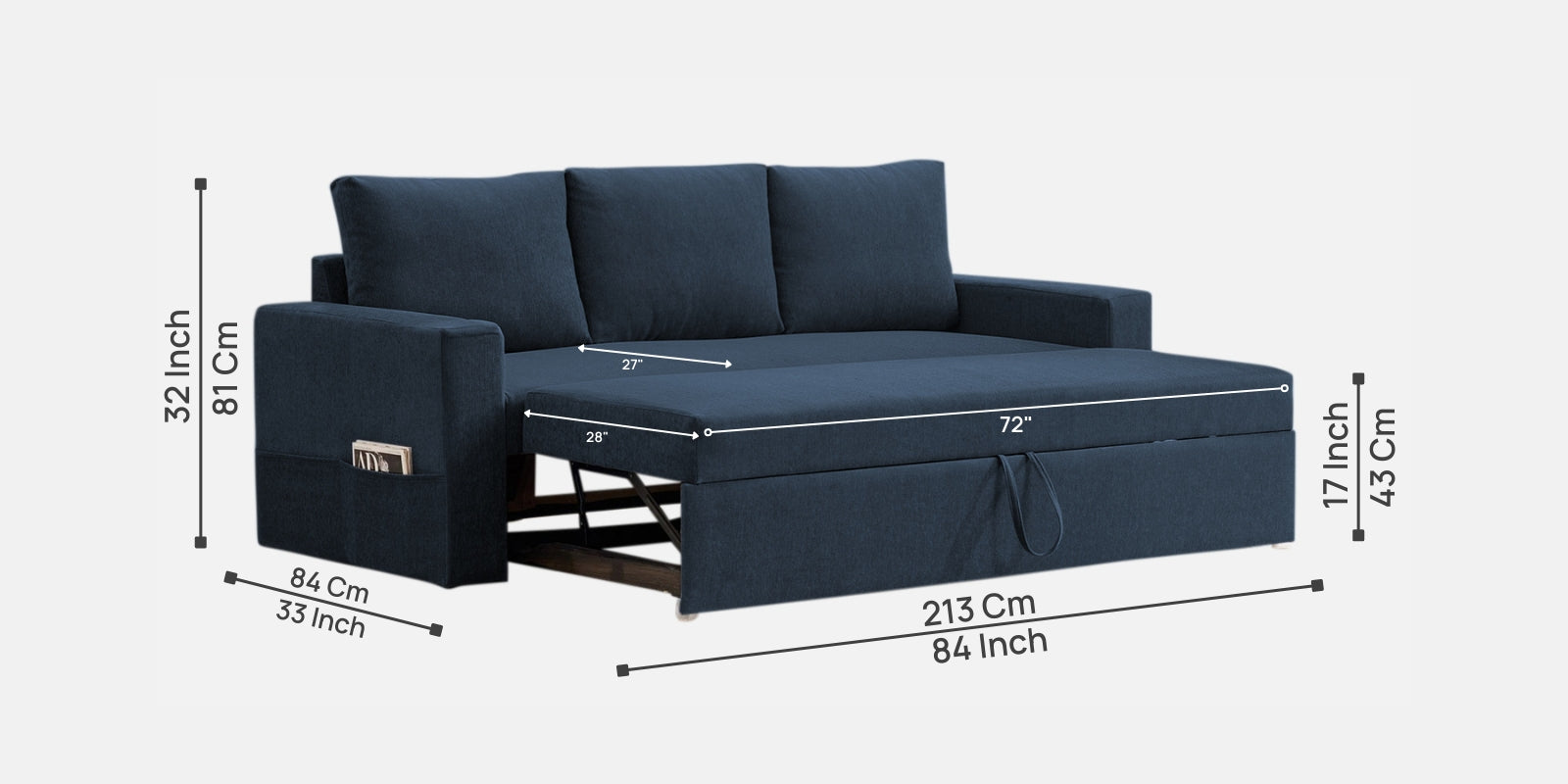 Kara Fabric 3 Seater Pull Out Sofa Cum Bed in Denim Blue Colour