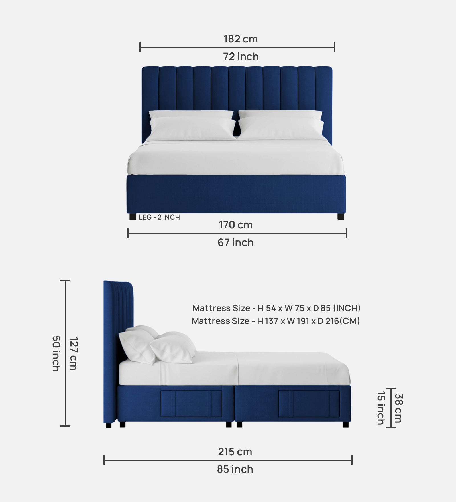 Nivi Fabric Queen Size Bed in Royal Blue Colour with Drawer Storage