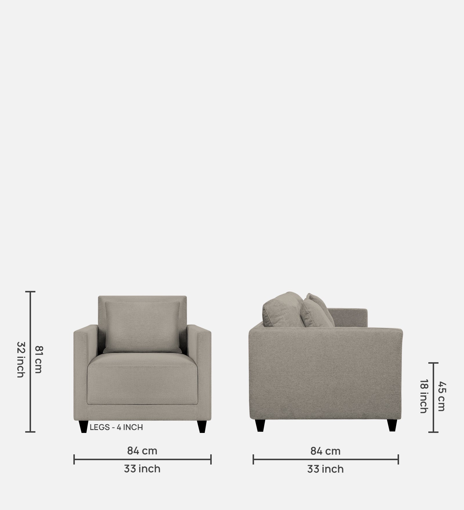 Kera Fabric 1 Seater Sofa in Ash Grey Colour