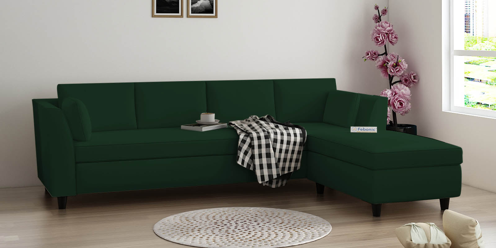 Bristo Velvet LHS Sectional Sofa 4 Seater + Ottoman  in Forest Green Colour