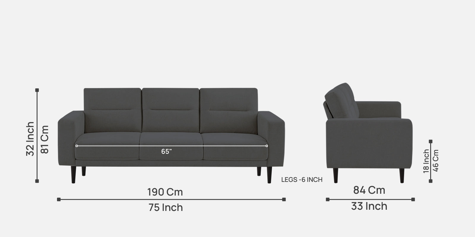 Harbel Fabric 3 Seater Sofa In Maba Grey Colour