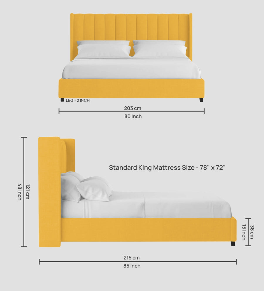 Colina Fabric Upholstered King Size Bed In Bold Yellow Colour With Box Storage - Febonic Living
