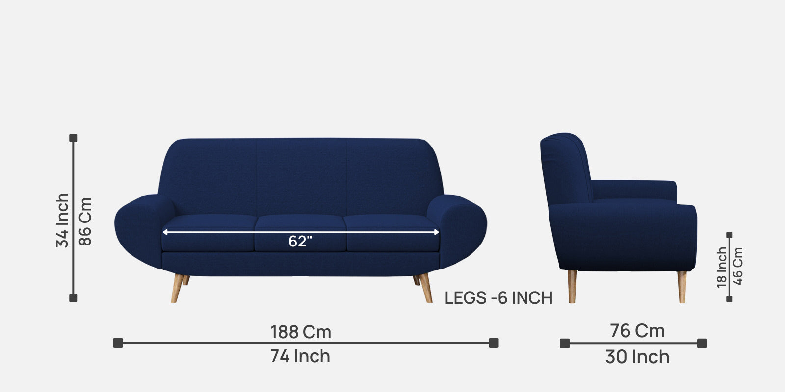 Jessy Fabric 3 Seater Sofa in Royal Blue Colour