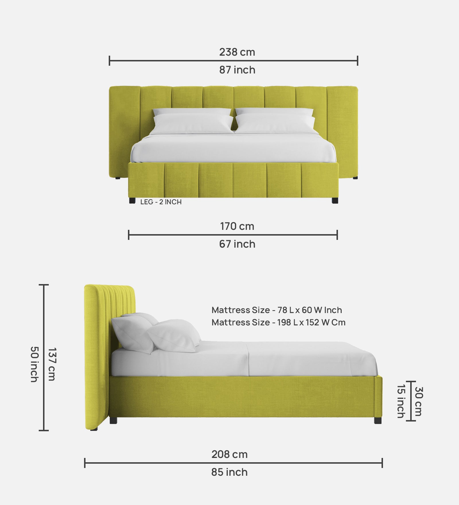 Nora Fabric Queen Size Bed In Parrot Green Colour