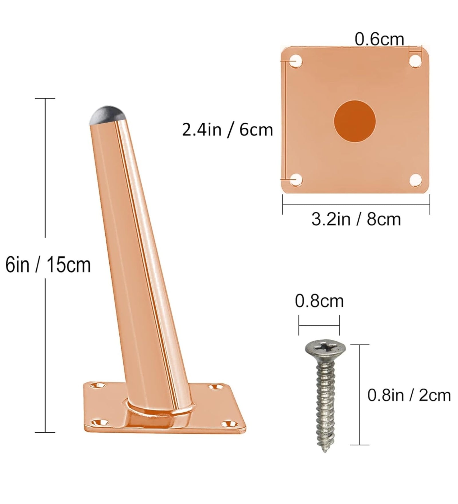 Dami 8-Inch Cone-Shaped Metal Leg Set for Sofas with a Glossy Finish - Includes 4 Pieces