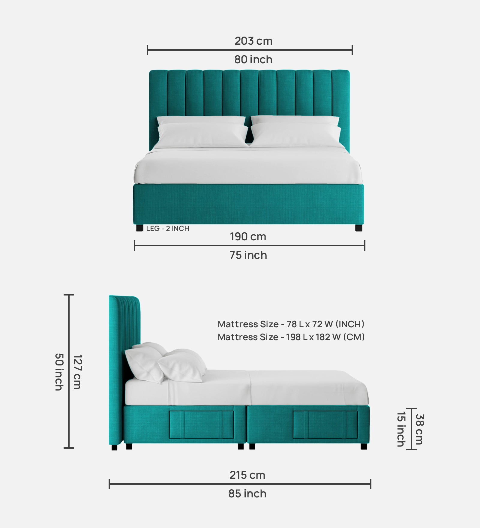 Nivi Fabric King Size Bed In Sea Green Colour With Drawer Storage