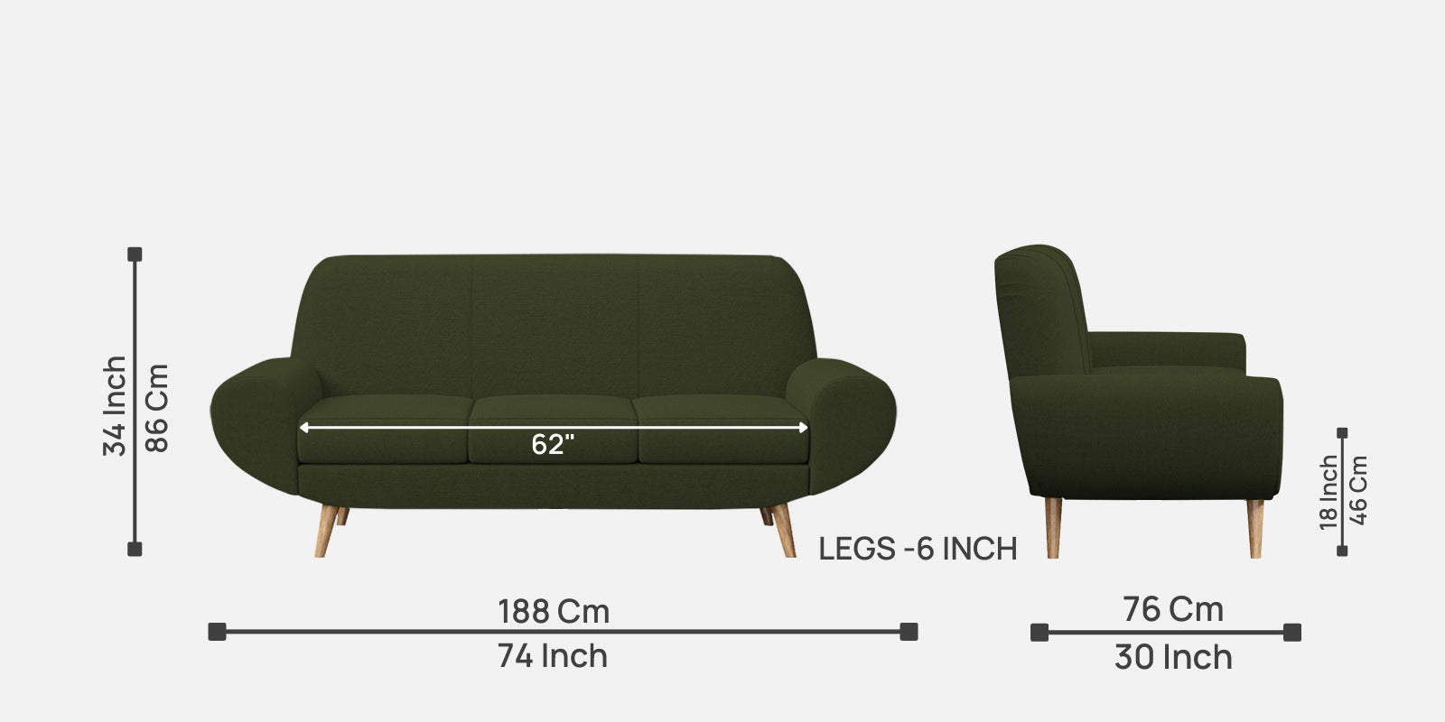 Jessy Fabric 3 Seater Sofa in Olive Green Colour