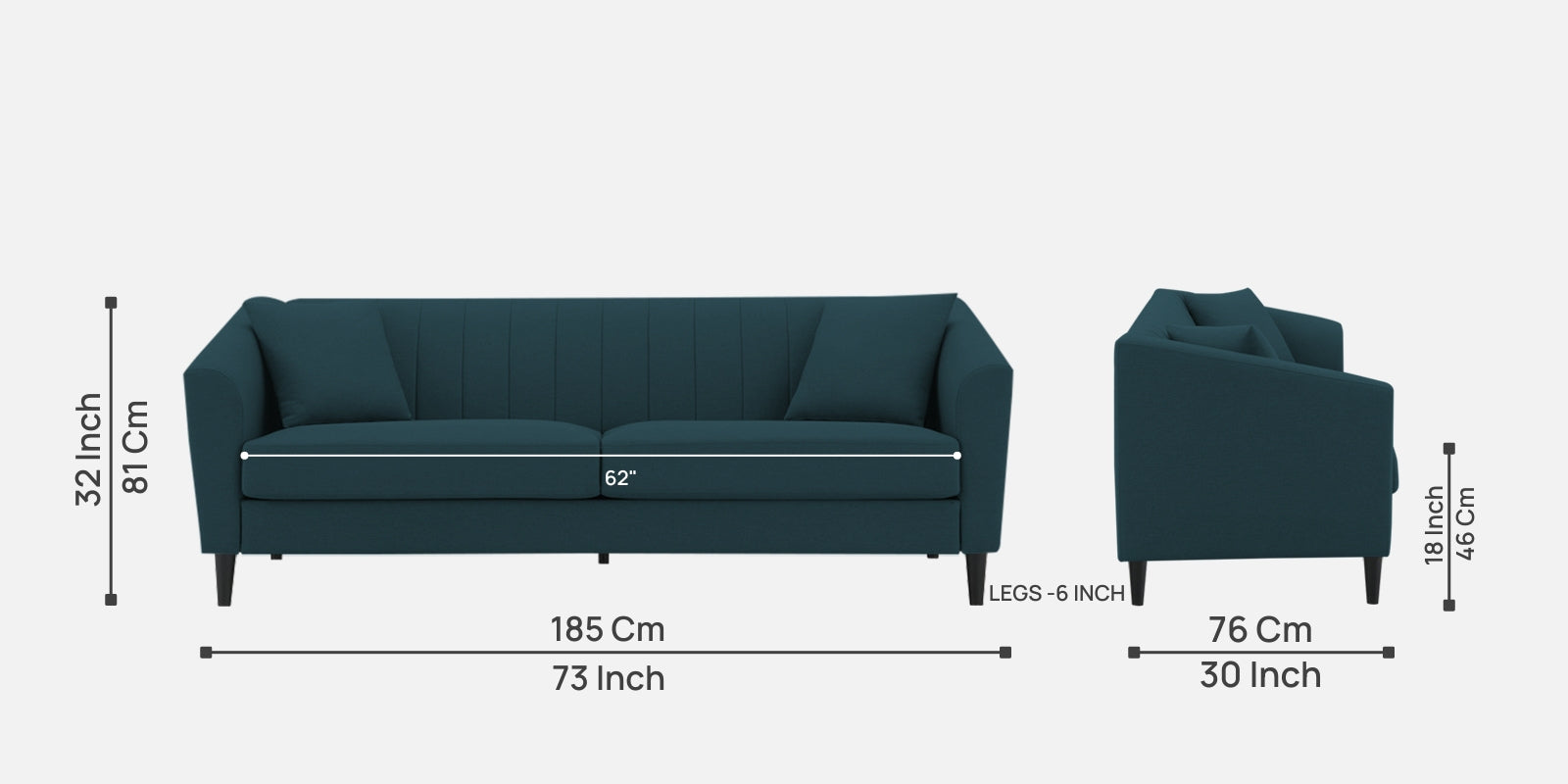 Polon Fabric 3 Seater Sofa In Harbour Blue Colour