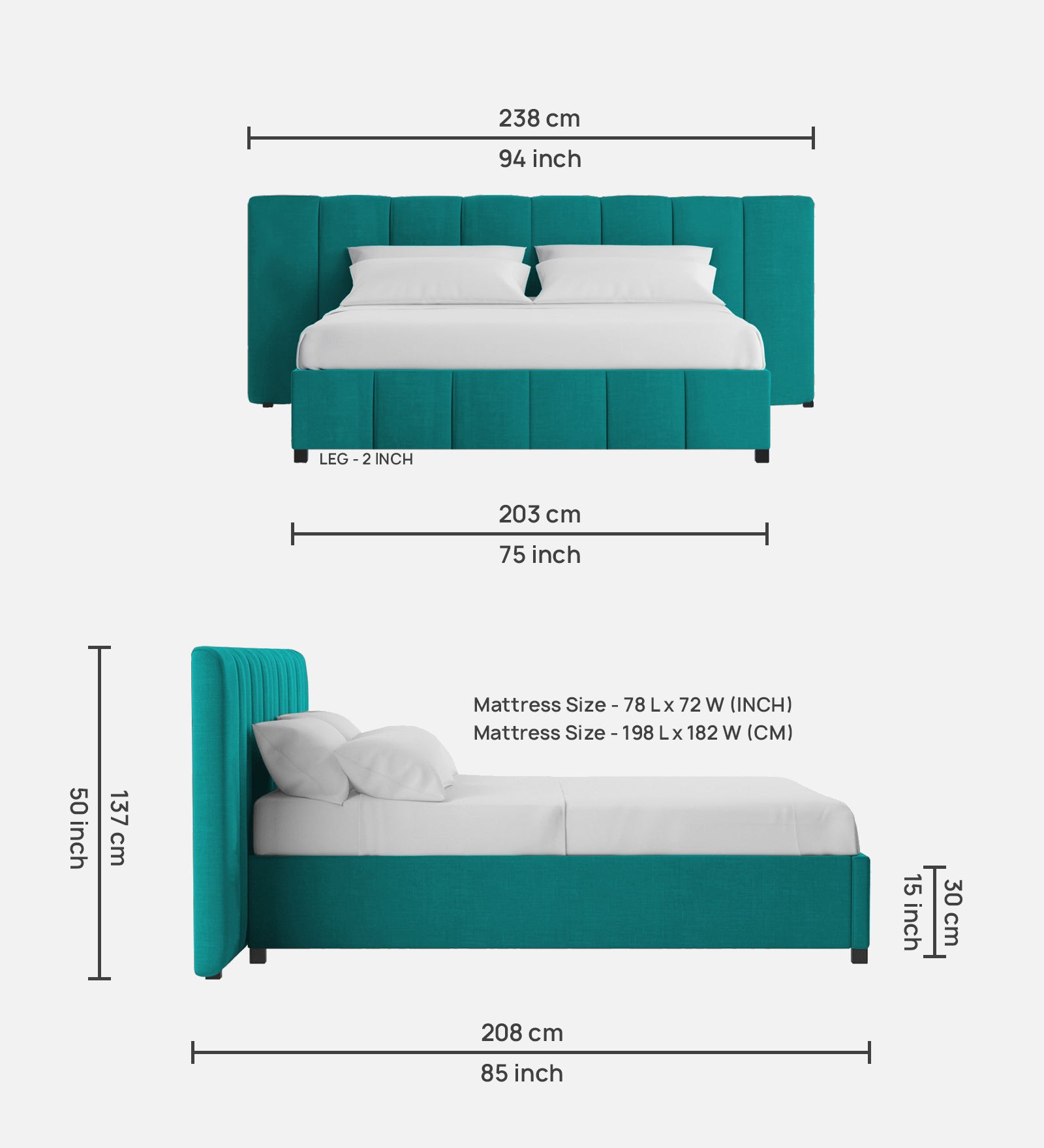 Nora Fabric King Size Bed In Sea Green Colour