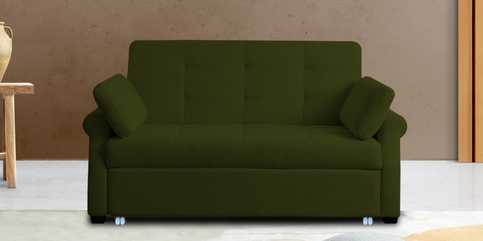 Fornia Fabric 2 Seater Pull Out Sofa Cum Bed In Olive Green Colour