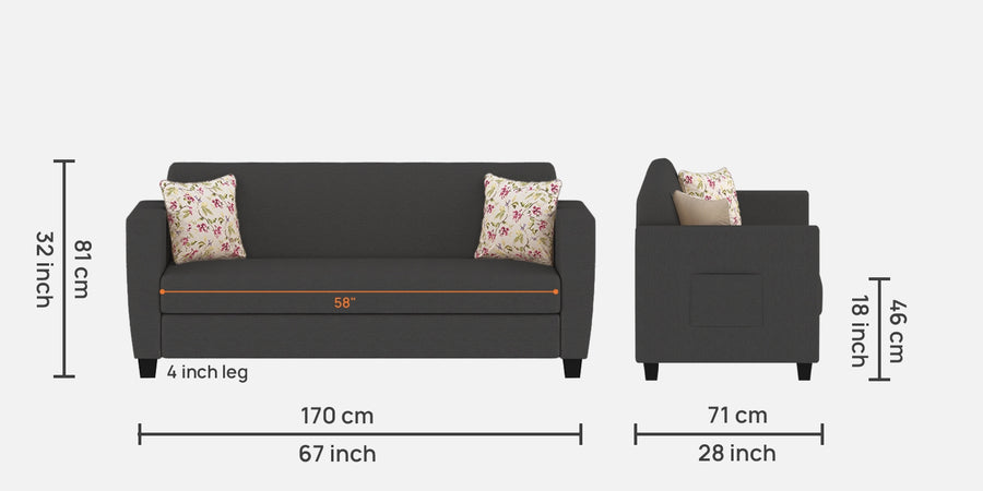 Gozi Fabric 3 Seater Sofa In Charcoal Grey Colour - Febonic Living