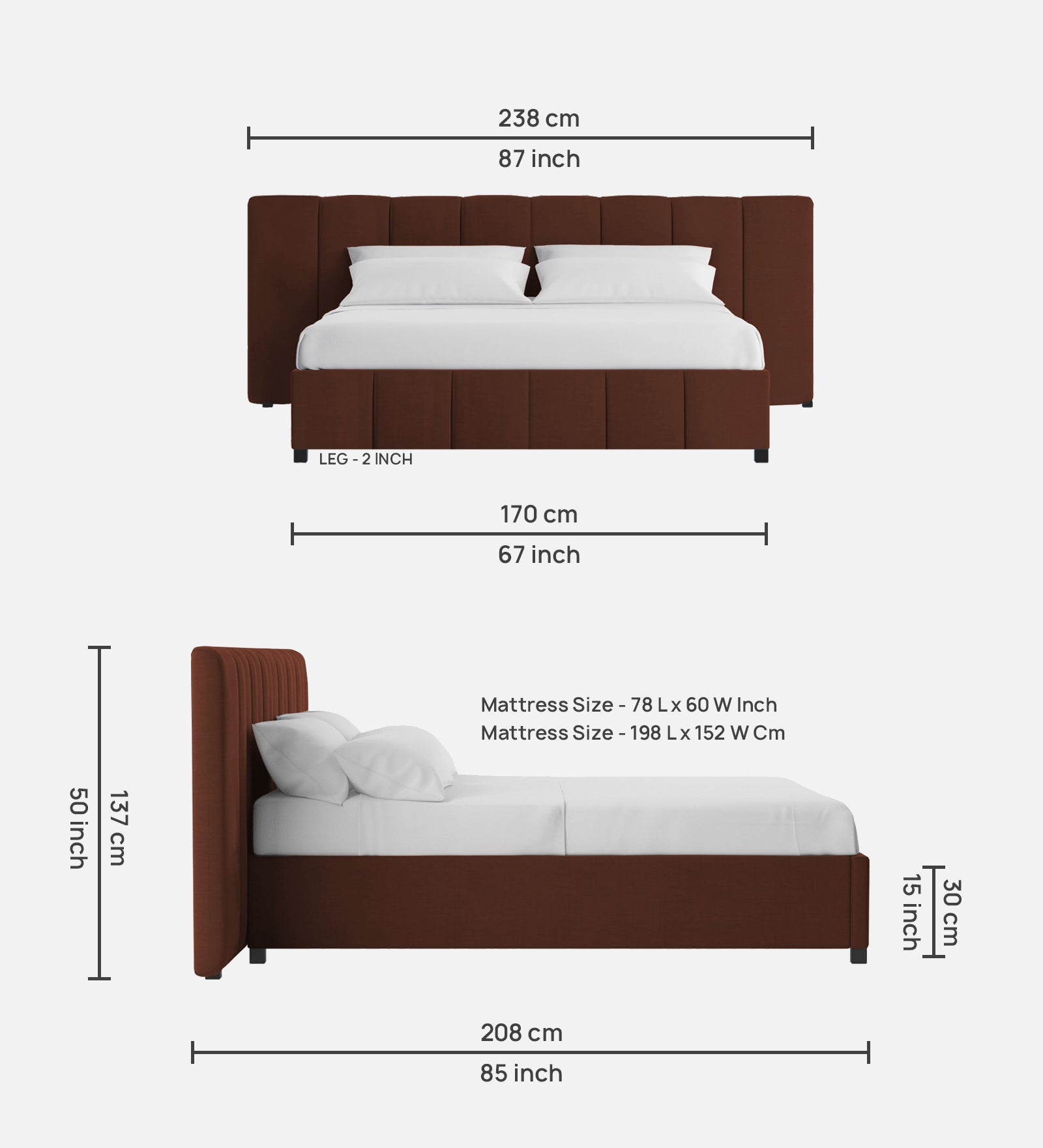 Nora Fabric Queen Size Bed In Coffee Brown Colour