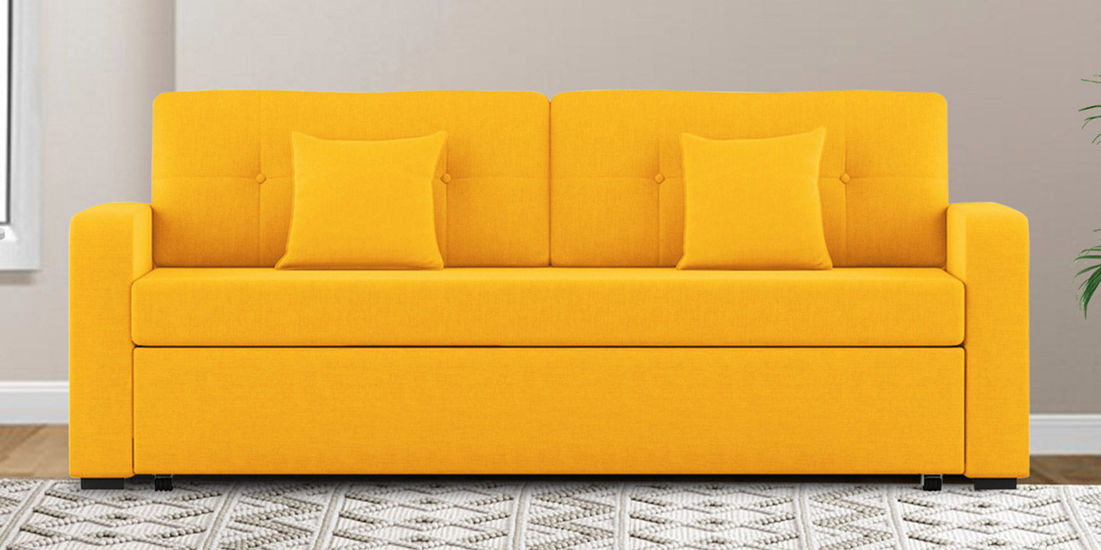 Rocky Fabric 3 Seater Pull Out Sofa Cum Bed In Bold Yellow Colour With Storage