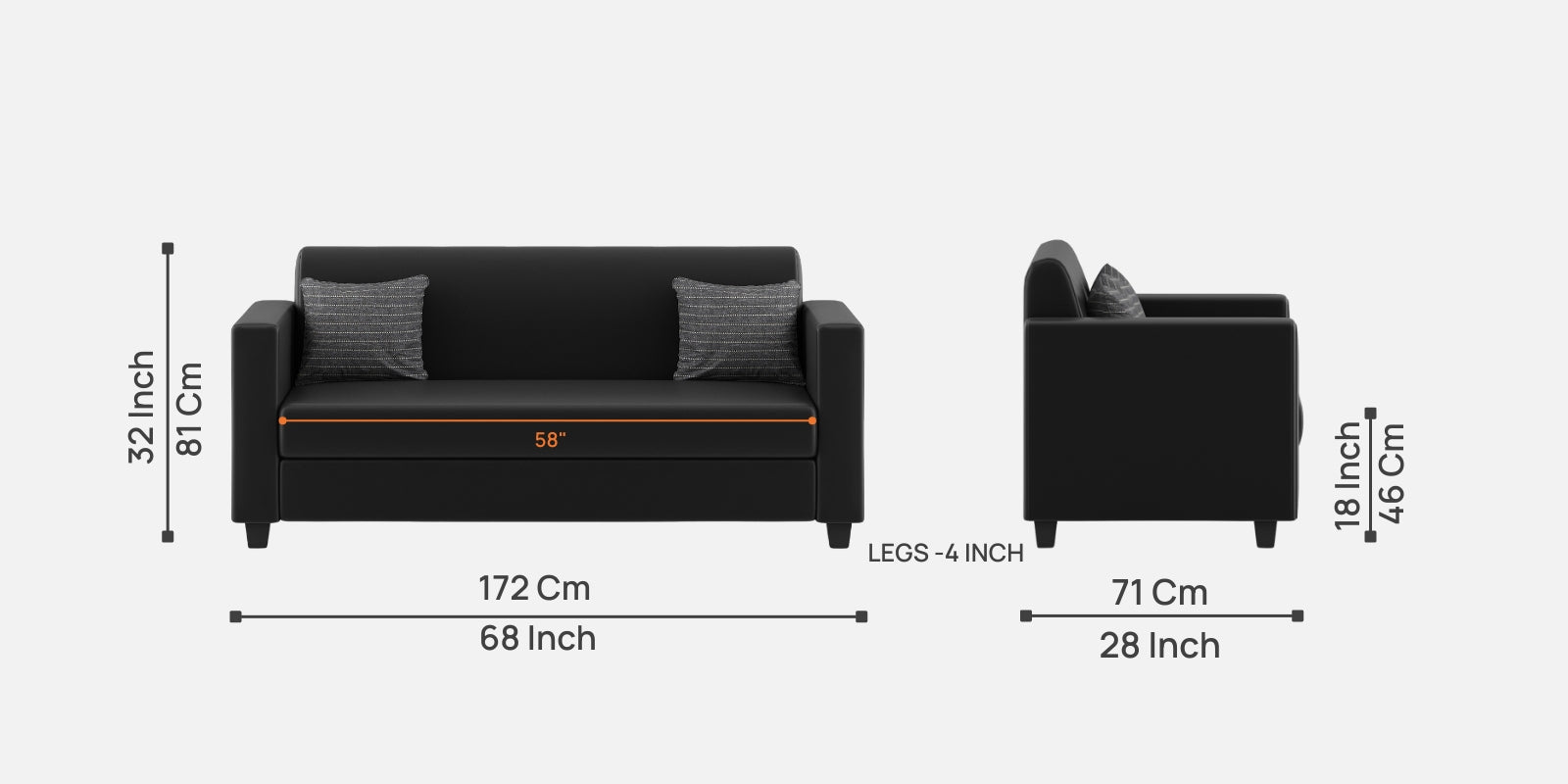 Baley Leatherette 3 Seater Sofa in Dark Black Colour